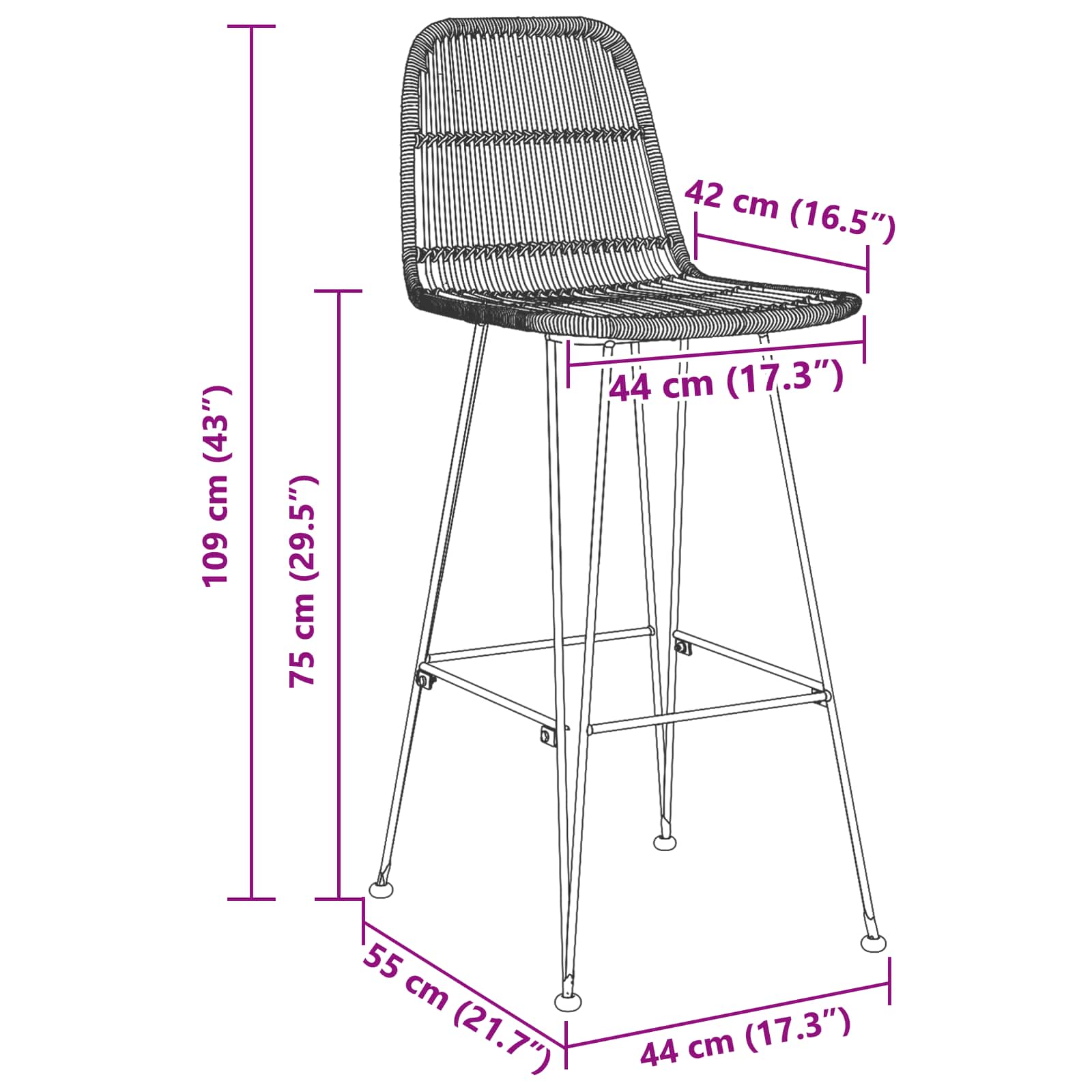 Barhocker 2 stk. Natur 44 x 55 x 109 cm Rattan und Stahl