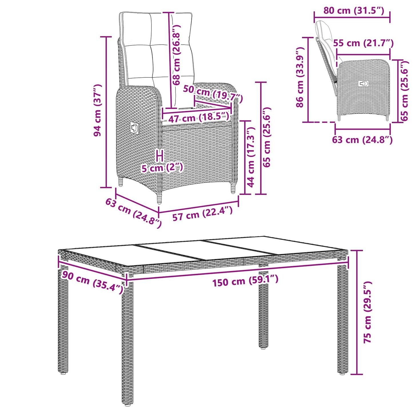 Outdoortisch-Set 5 pcs Hellgrau und Dunkelgrau 150 x 90 x 75 cm