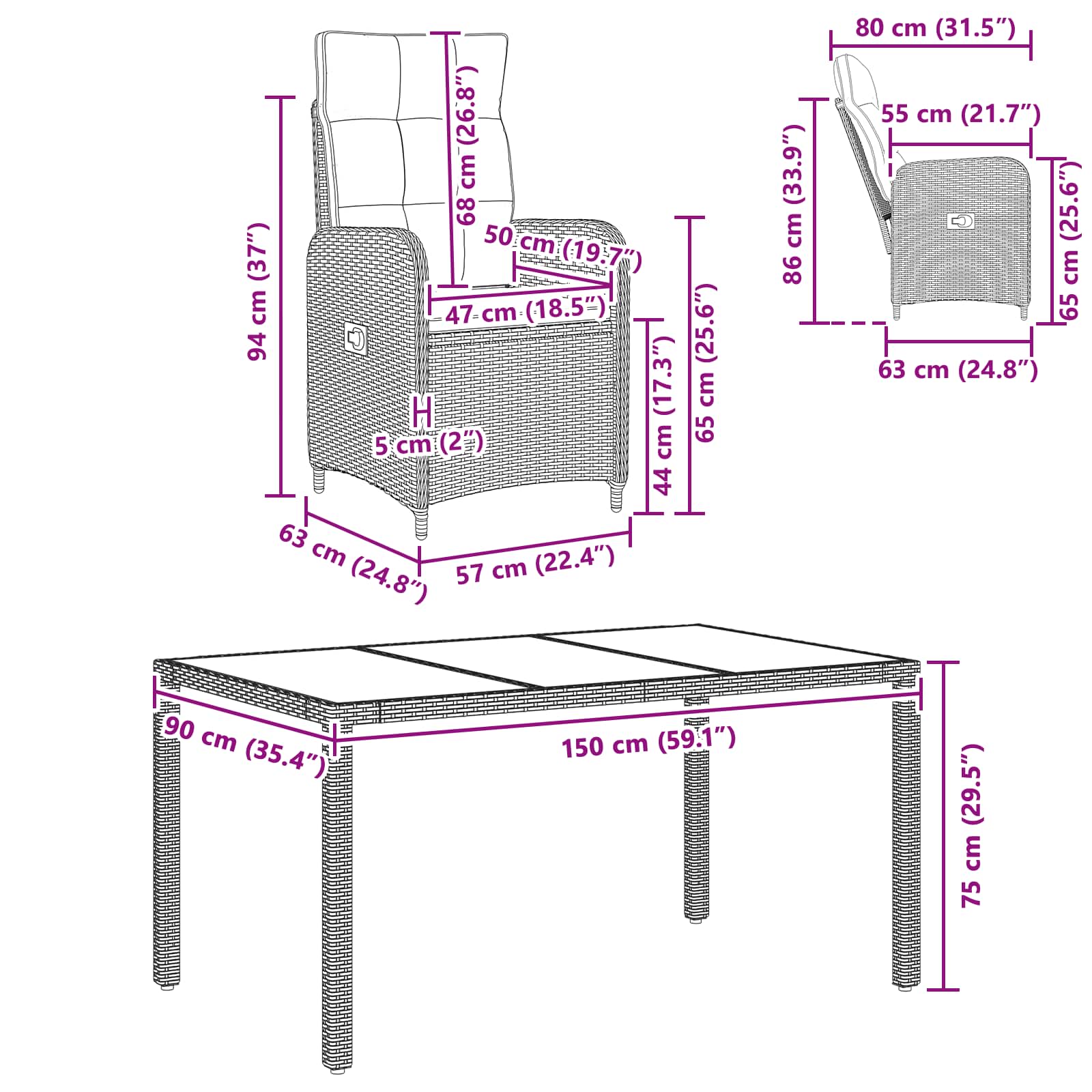 Outdoortisch-Set 5 pcs Hellgrau und Dunkelgrau 150 x 90 x 75 cm