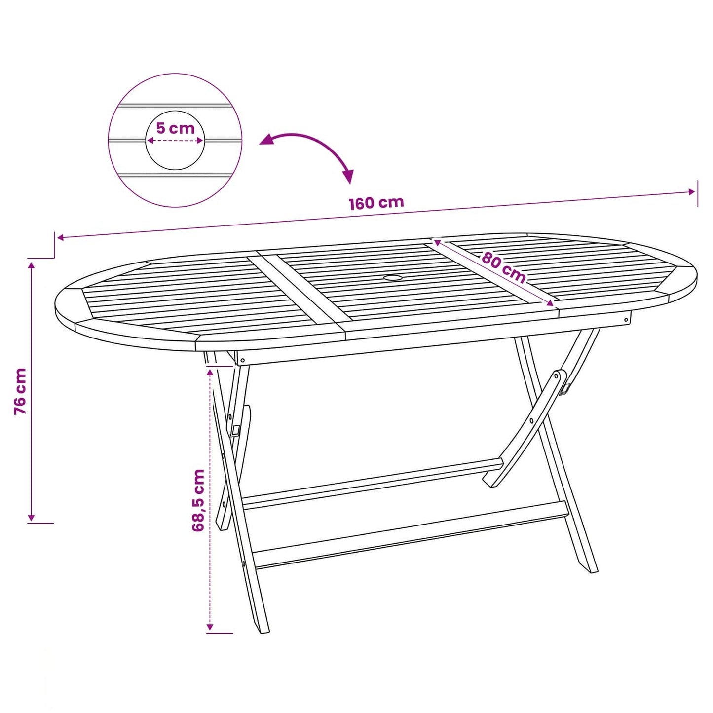 Klappbarer Gartentisch Natur 160 x 80 x 76 cm Massivholz Teak