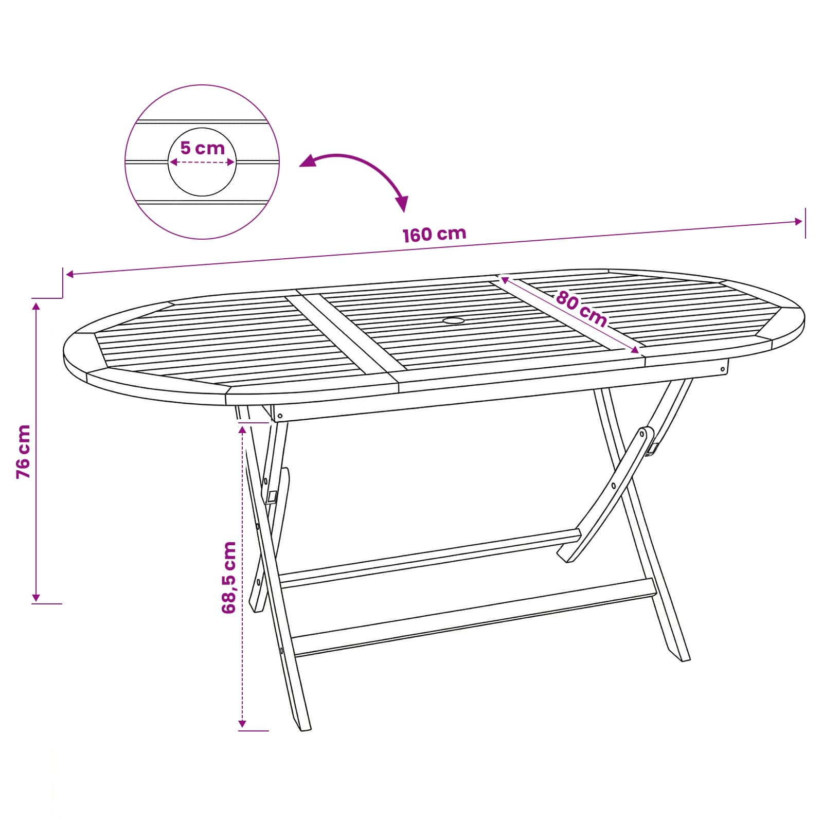 Klappbarer Gartentisch Natur 160 x 80 x 76 cm Massivholz Teak