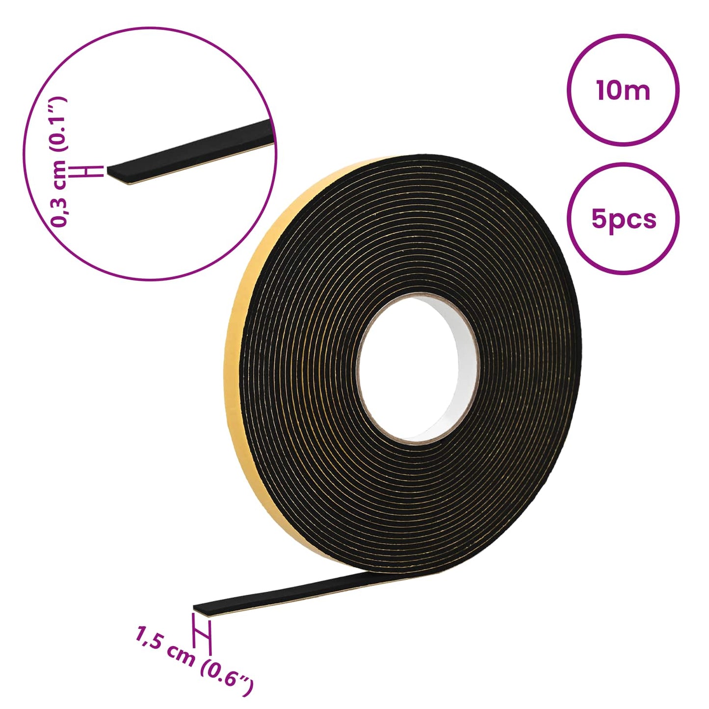 Selbstklebendes Schaumstoffband 5 Stk. Schwarz 15 mm x 10 m