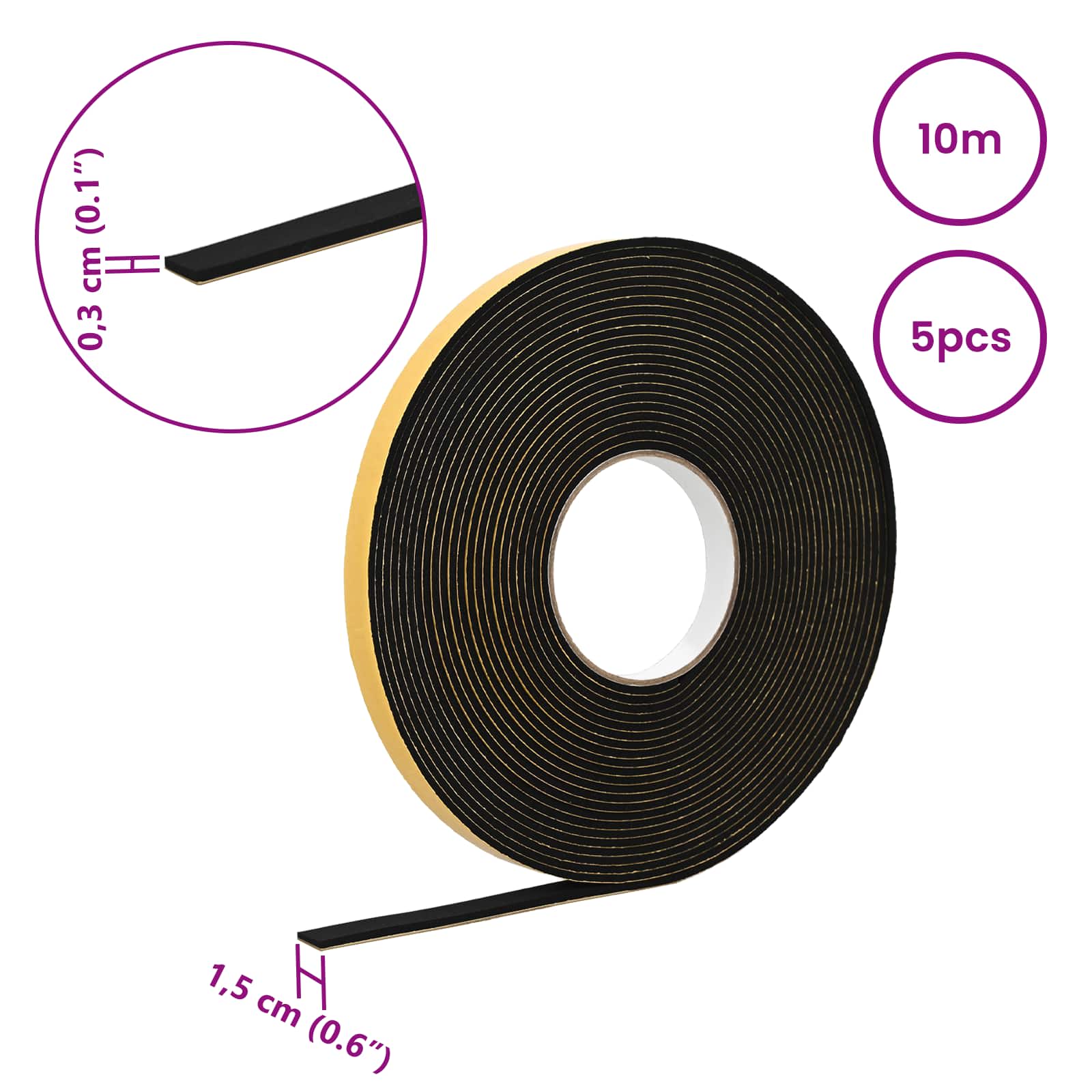 Selbstklebendes Schaumstoffband 5 stk. Schwarz 15 mm x 10 m