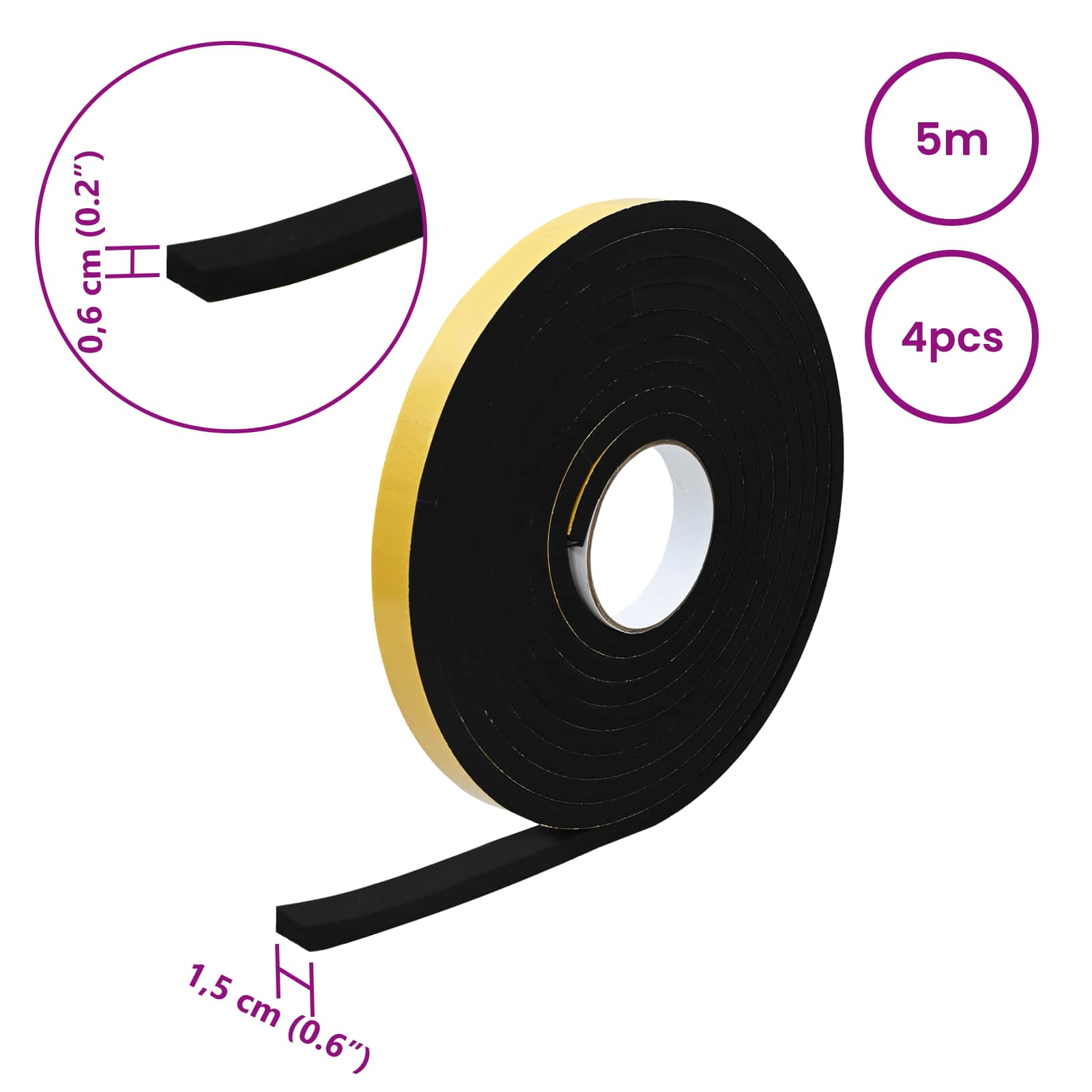 Selbstklebendes Schaumstoffband 4 Stk. Schwarz 15mm x 5m