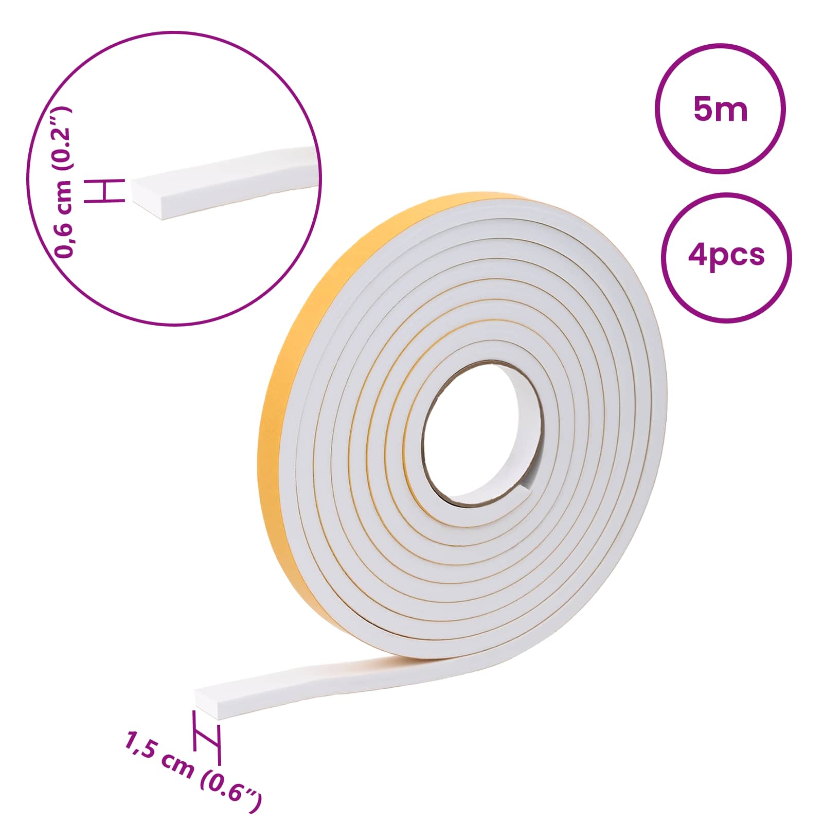 Selbstklebendes Schaumstoffband 4 Stk. Weiß 15mm x 5m CR-Schaum