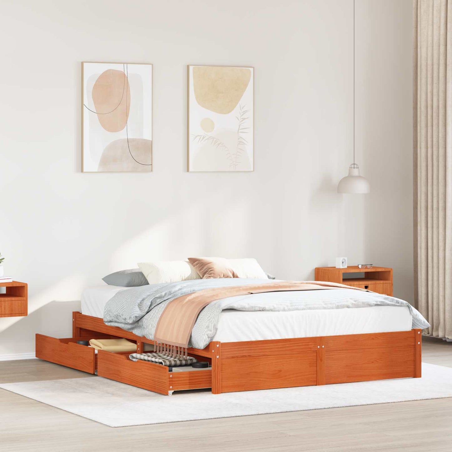 Bettrahmen mit Schubladen 3 pcs Wachsbraun Massivholz Kiefer