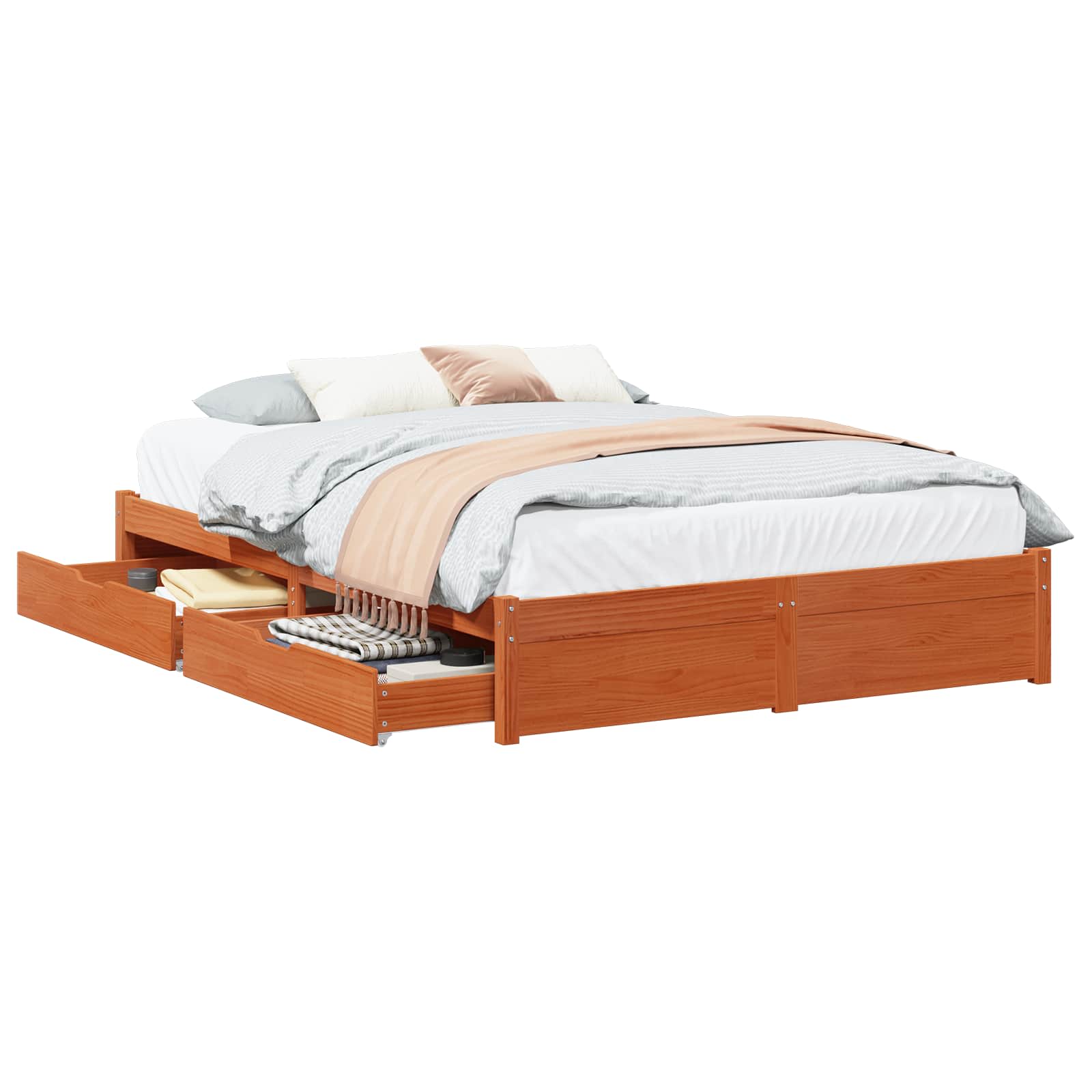 Bettrahmen mit Schubladen 3 pcs Wachsbraun Massivholz Kiefer