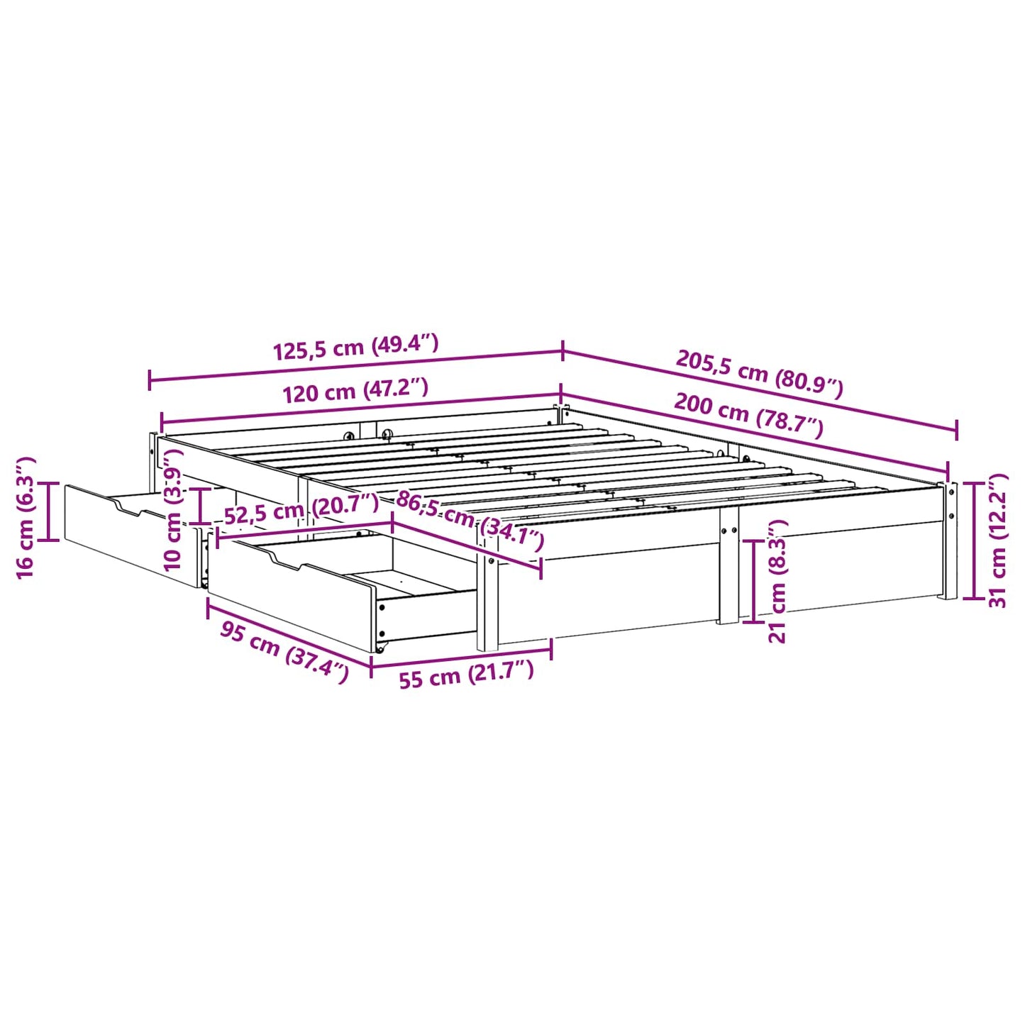 Bettrahmen mit Schubladen 3 pcs Wachsbraun Massivholz Kiefer