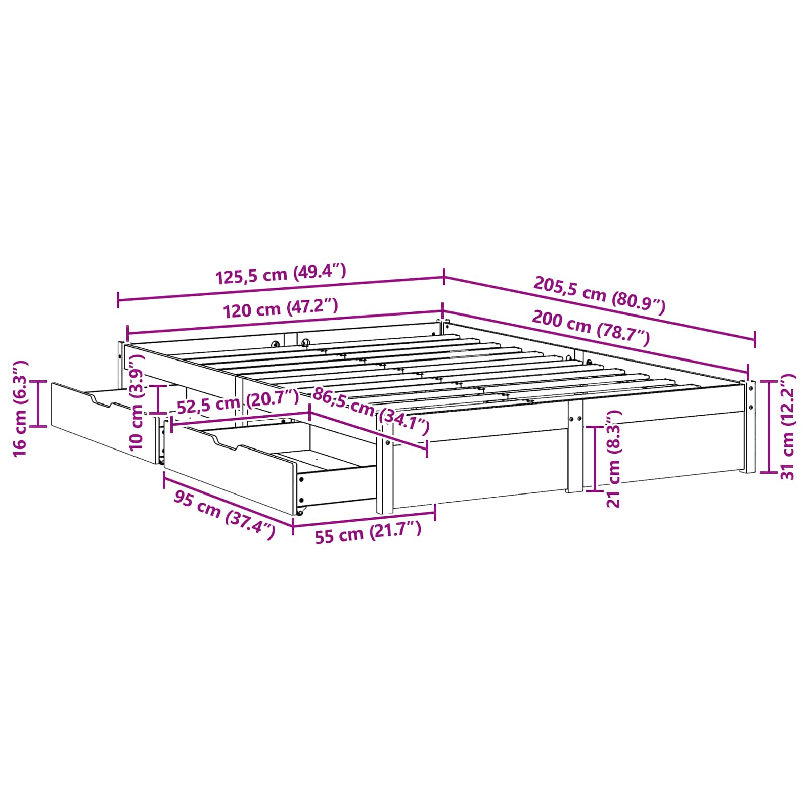 Bettrahmen mit Schubladen 3 pcs Wachsbraun Massivholz Kiefer