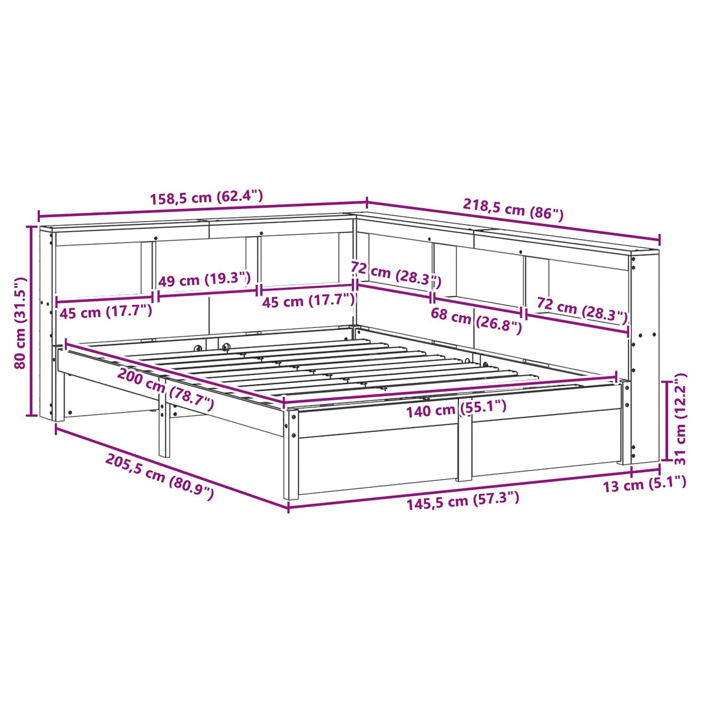 Bücherregal-Bett mit Kopfteil 2 pcs Wachsbraun 200 x 140 cm
