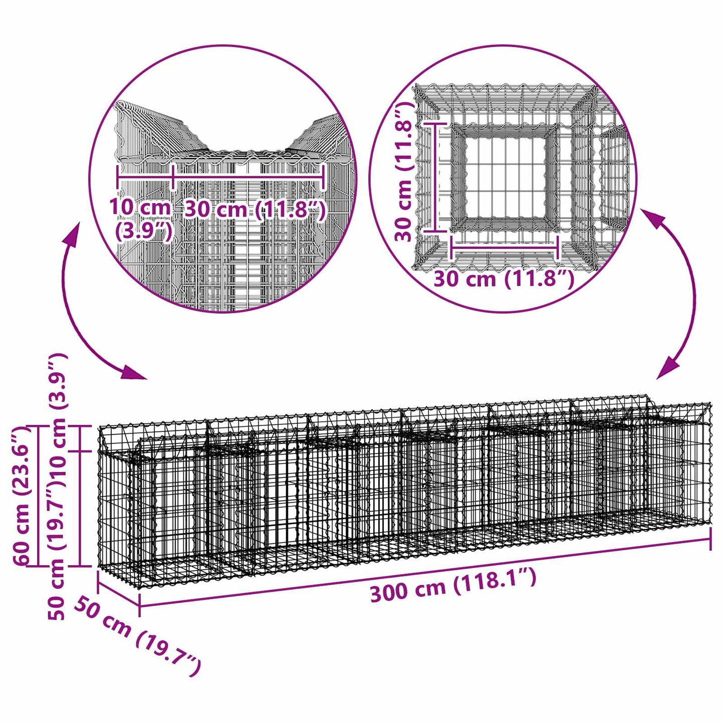 Gabionen-Hochbeet 2 stk. 300 x 50 x 60 cm Verzinkter Stahl