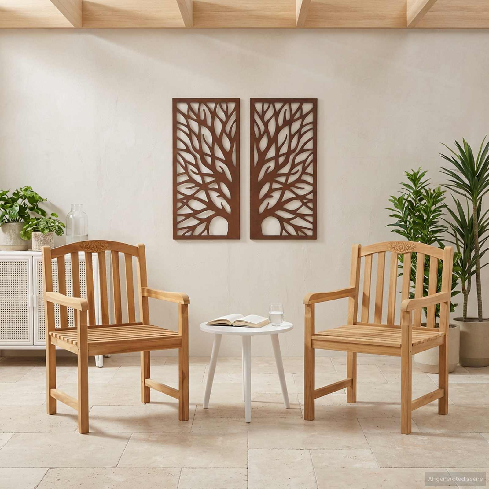 Handgeschnitzter Rosenstuhl 2 stk. Natur Massivholz Teak