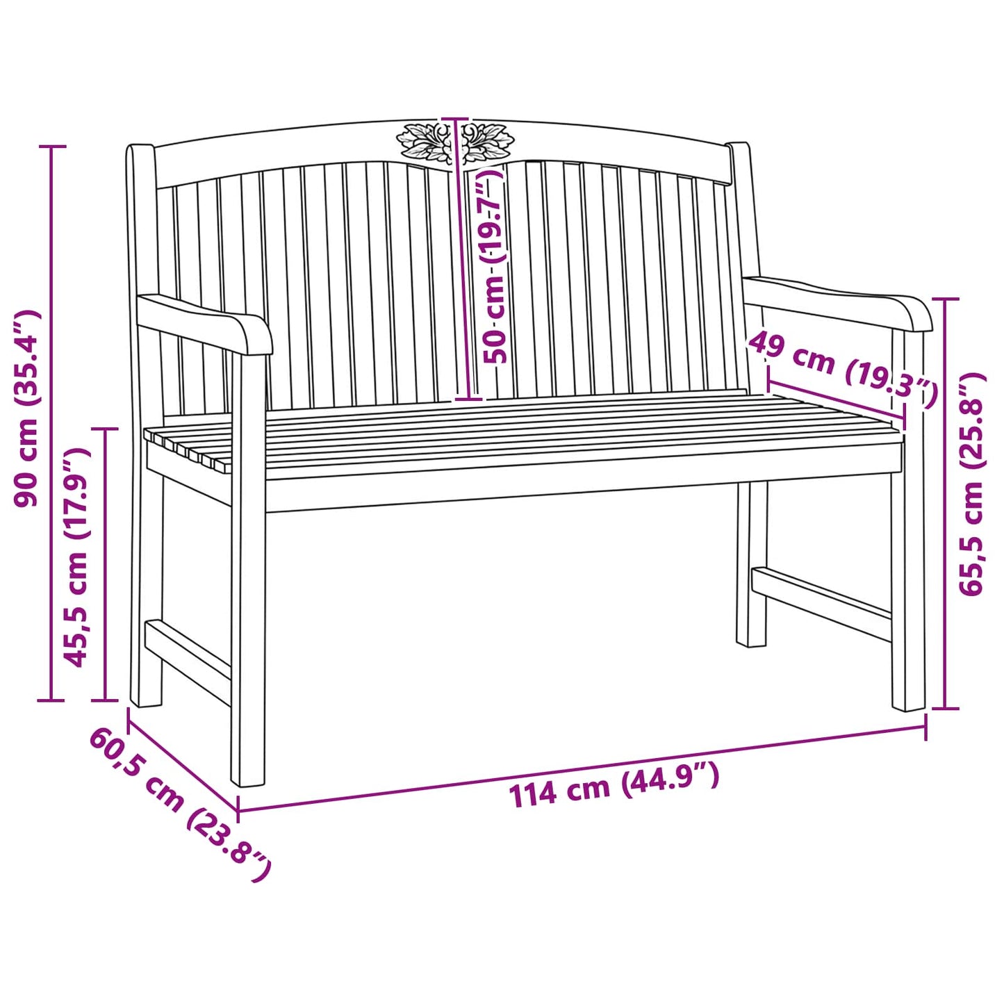 Handgefertigte Rosenbank 114 x 60,5 x 95 cm Massivholz Teak