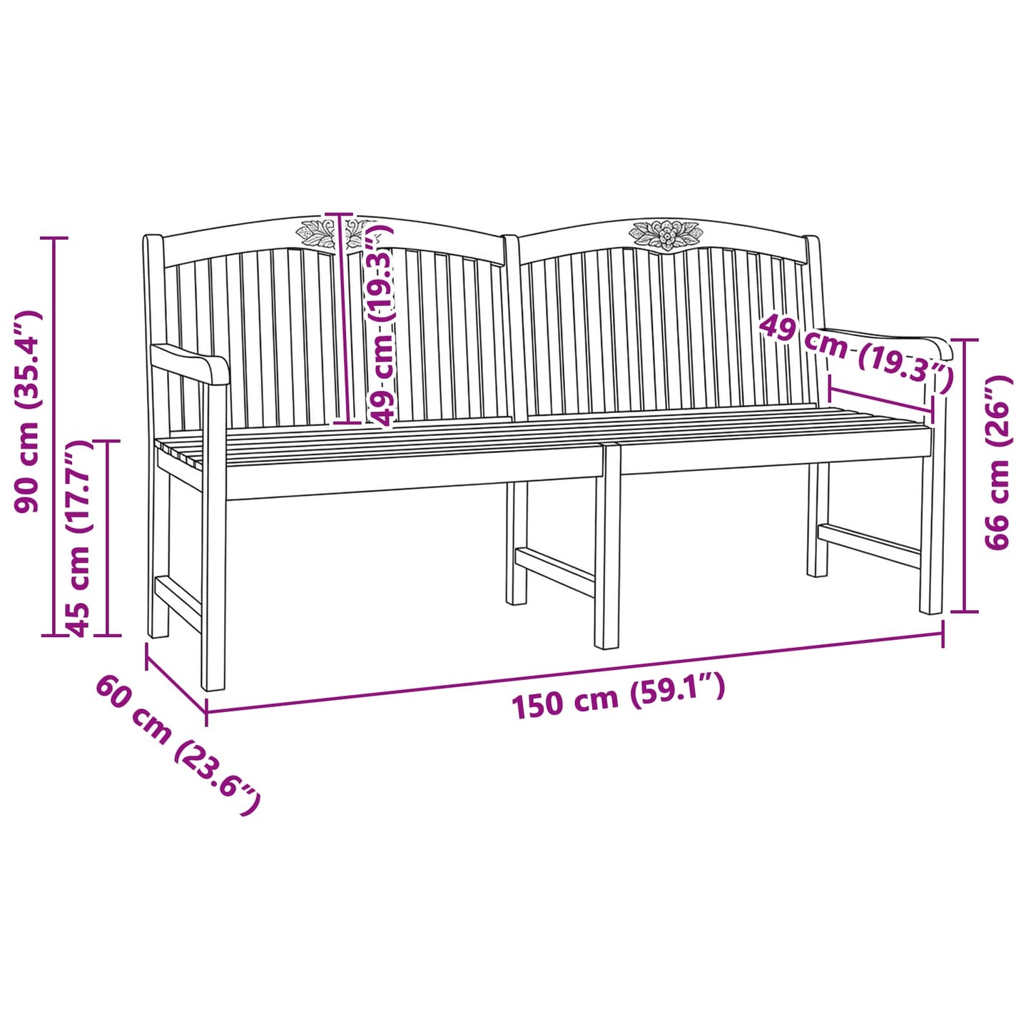 Handgefertigte Rosenbank 150 x 60 x 90 cm Massivholz Teak Natur