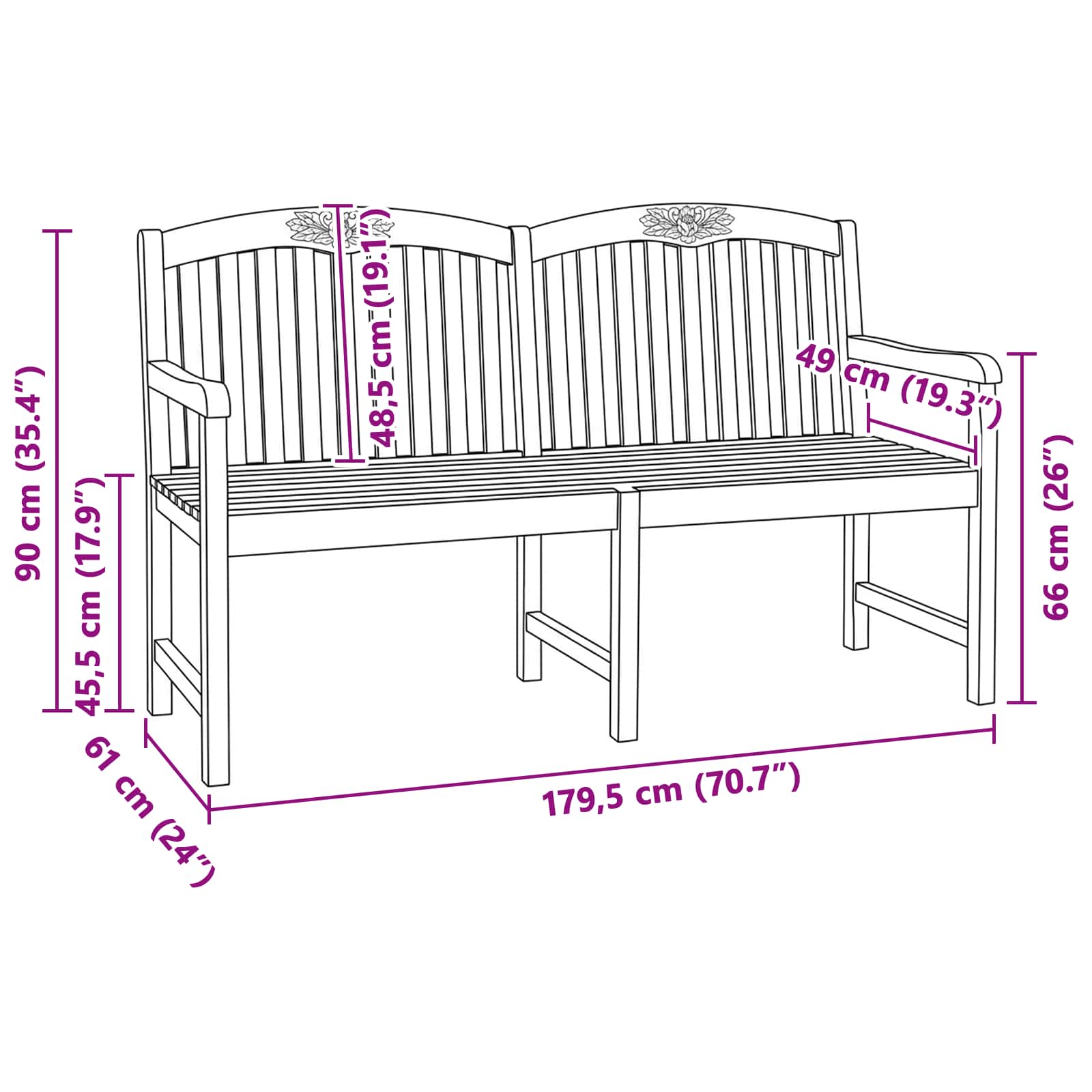 Handgefertigte Rosenbank 179,5 x 61 x 90 cm Massivholz Teak