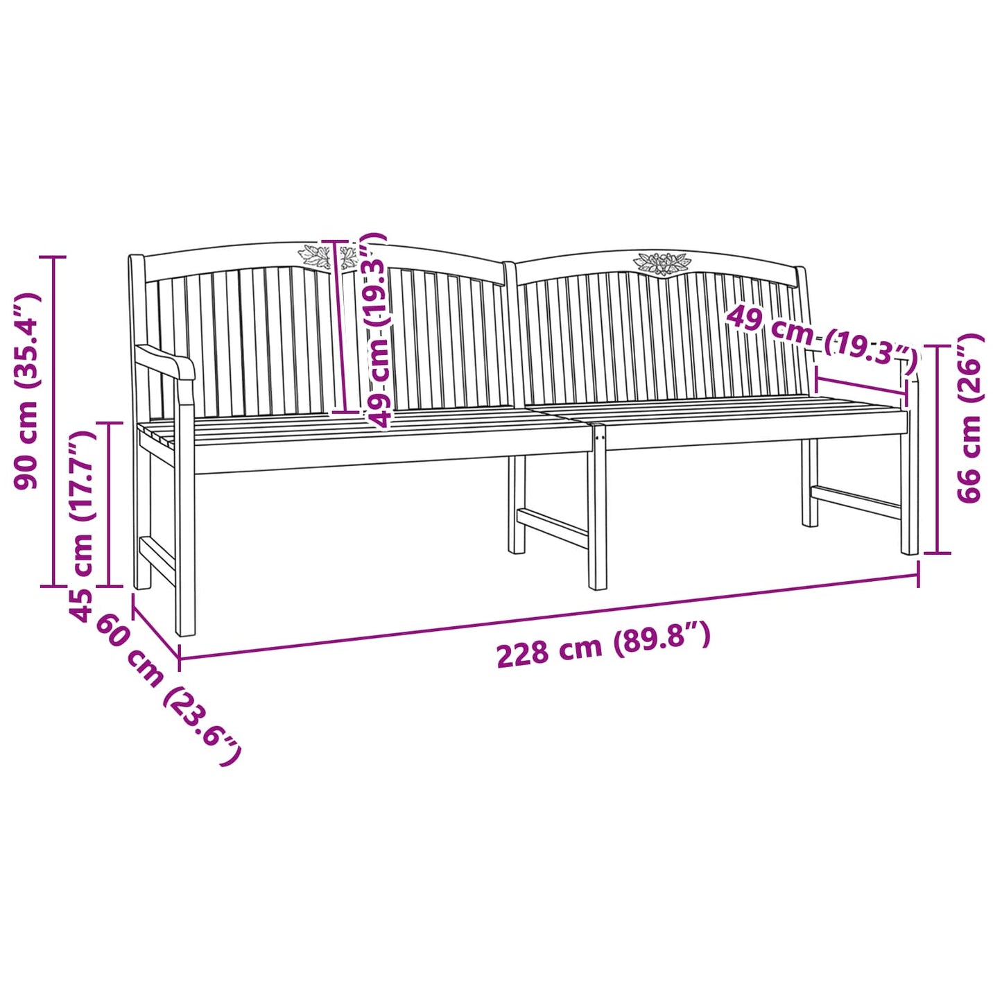 Handgefertigte Rosenbank 228 x 60 x 90 cm Massivholz Teak Natur
