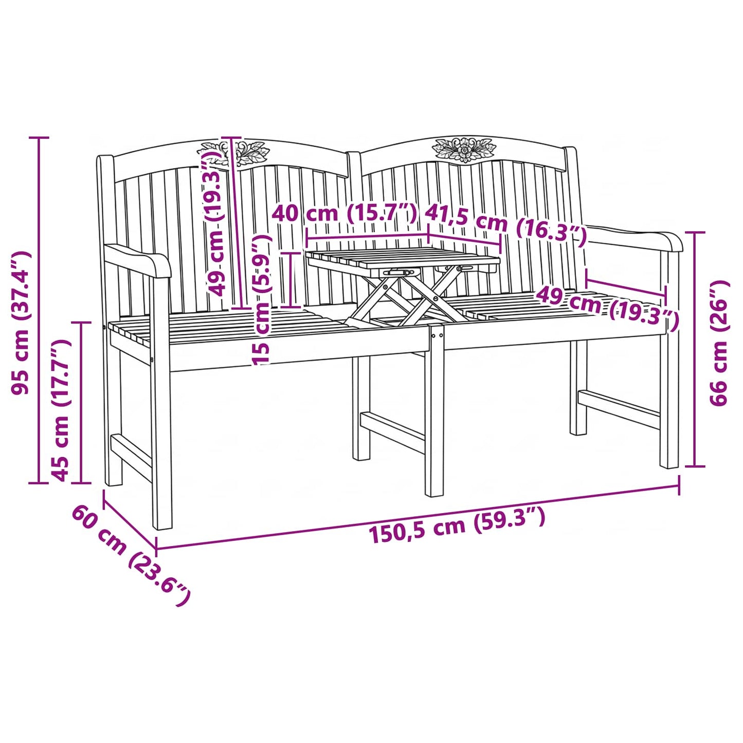 Handgefertigte Rosenbank 150,5 x 60 x 95 cm Massivholz Teak