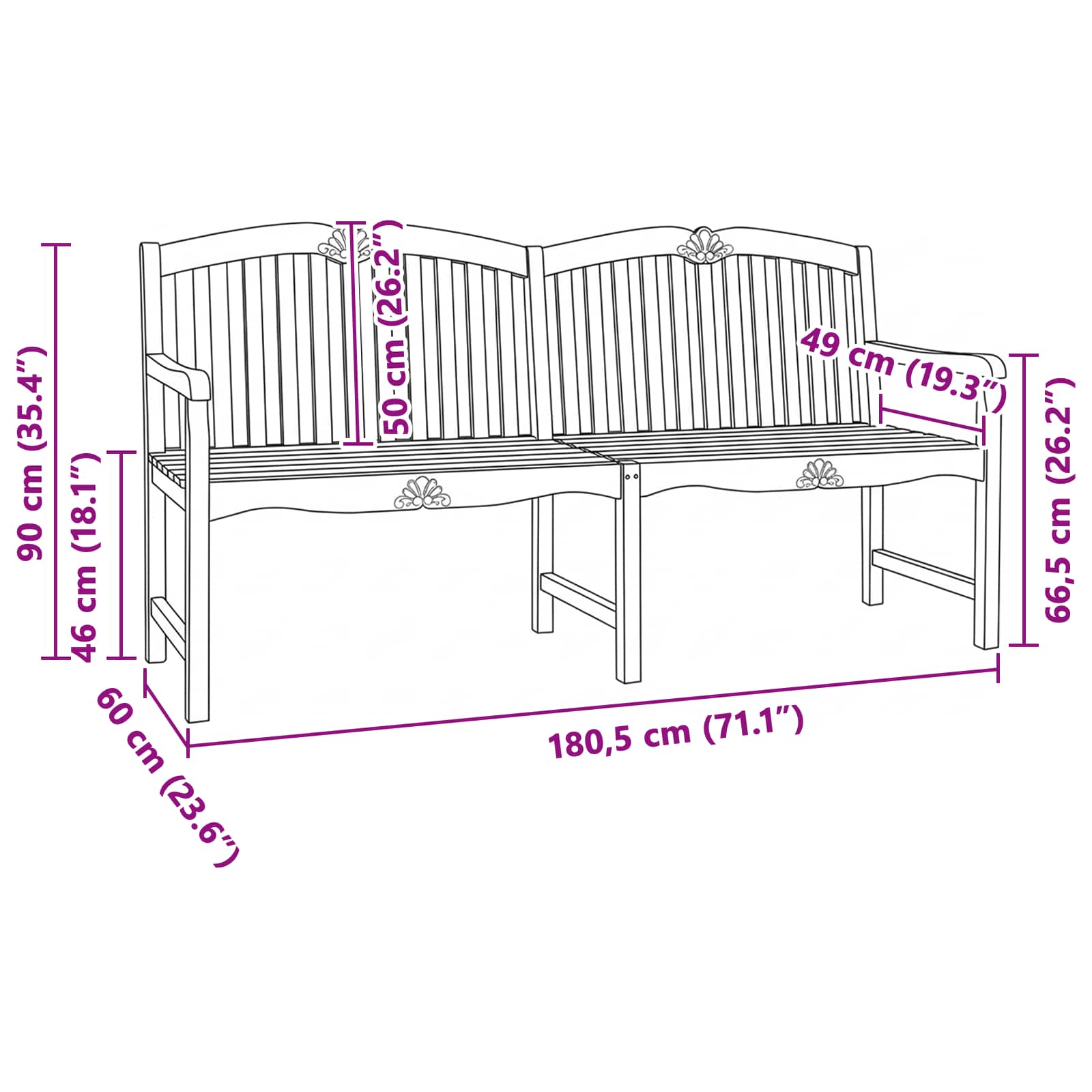 Handgefertigte Rosenbank 180,5 x 60 x 96 cm Massivholz Teak