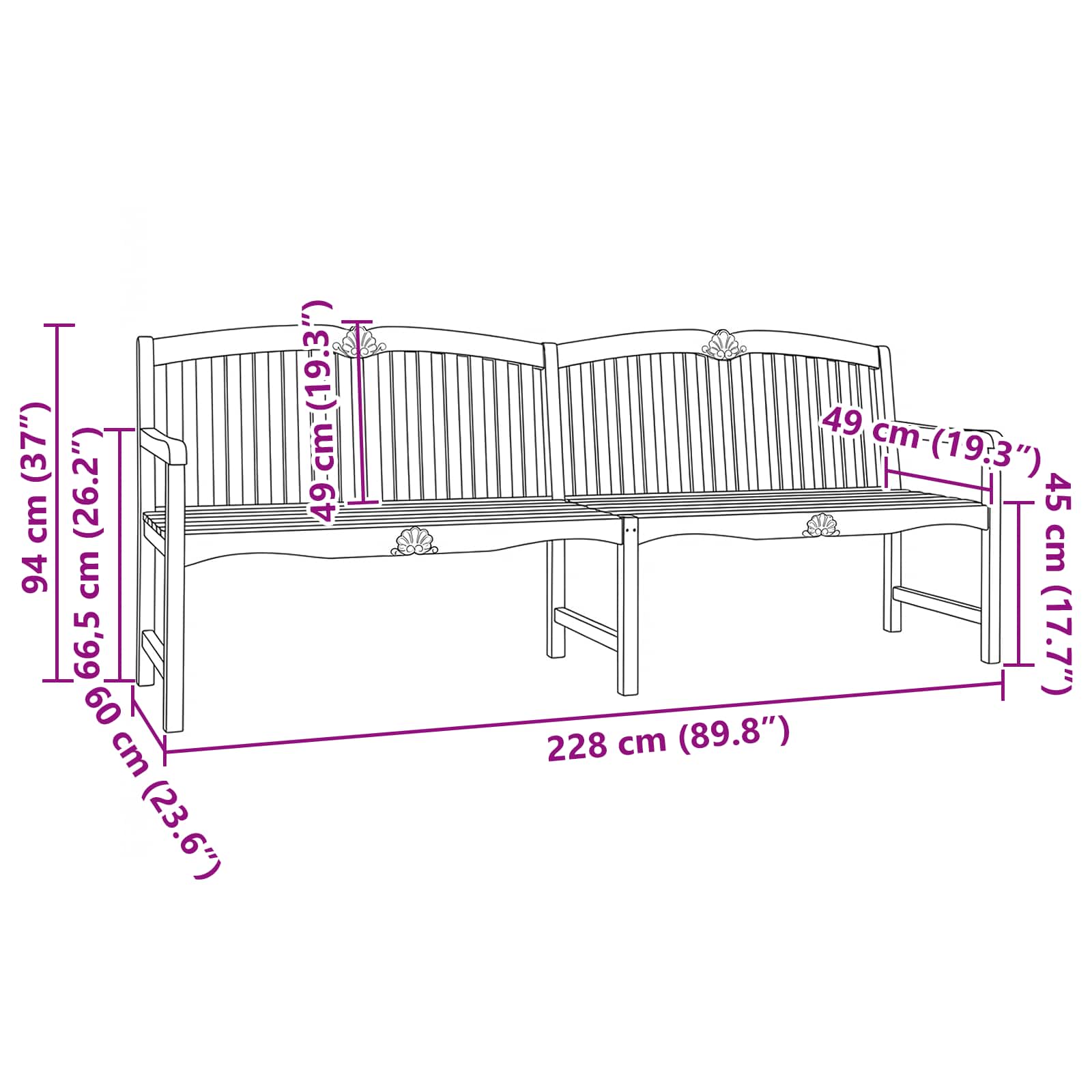 Handgefertigte Rosenbank 228 x 61 x 94,5 cm Massivholz Teak