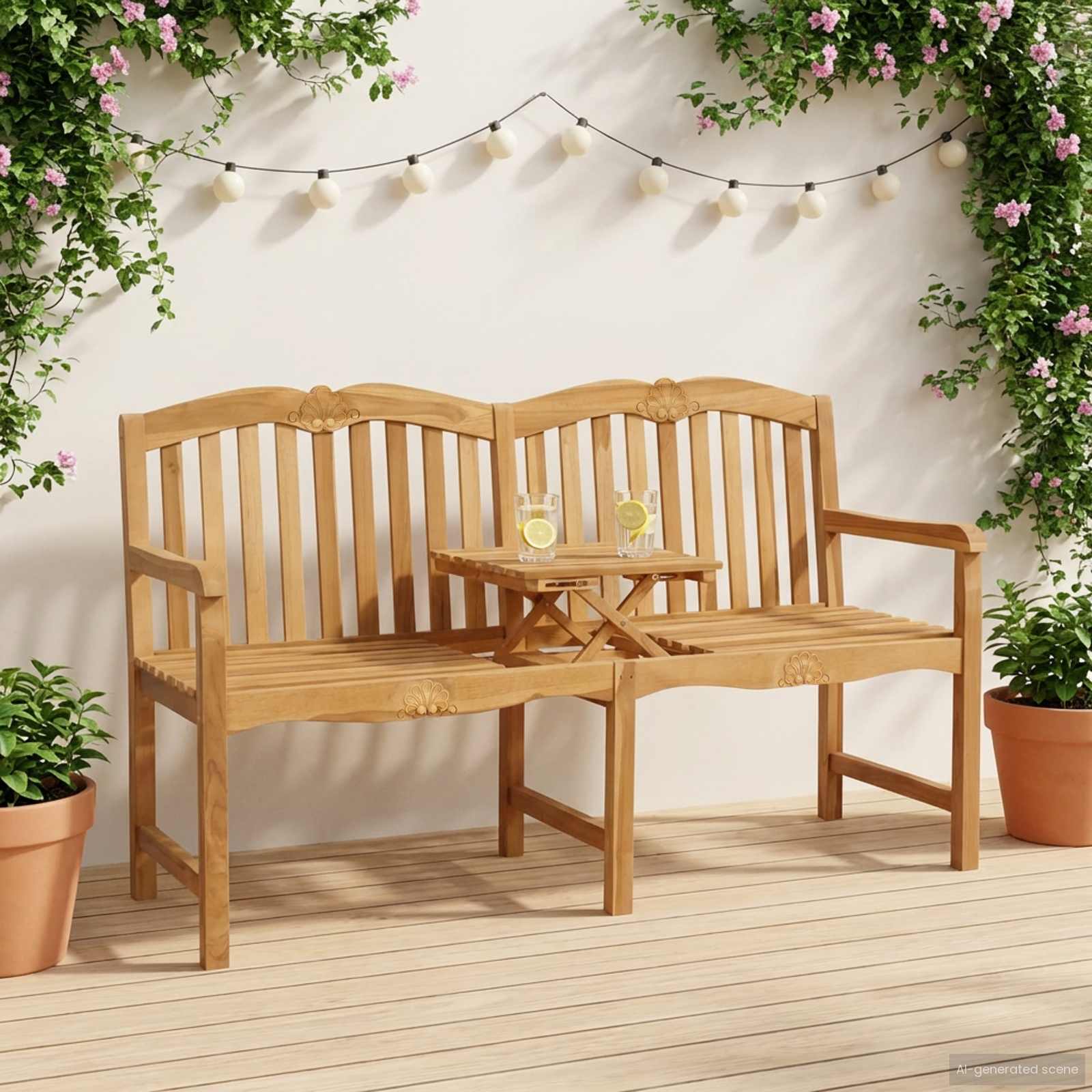 Handgefertigte Rosenbank 155 x 60 x 94 cm Massivholz Teak Natur