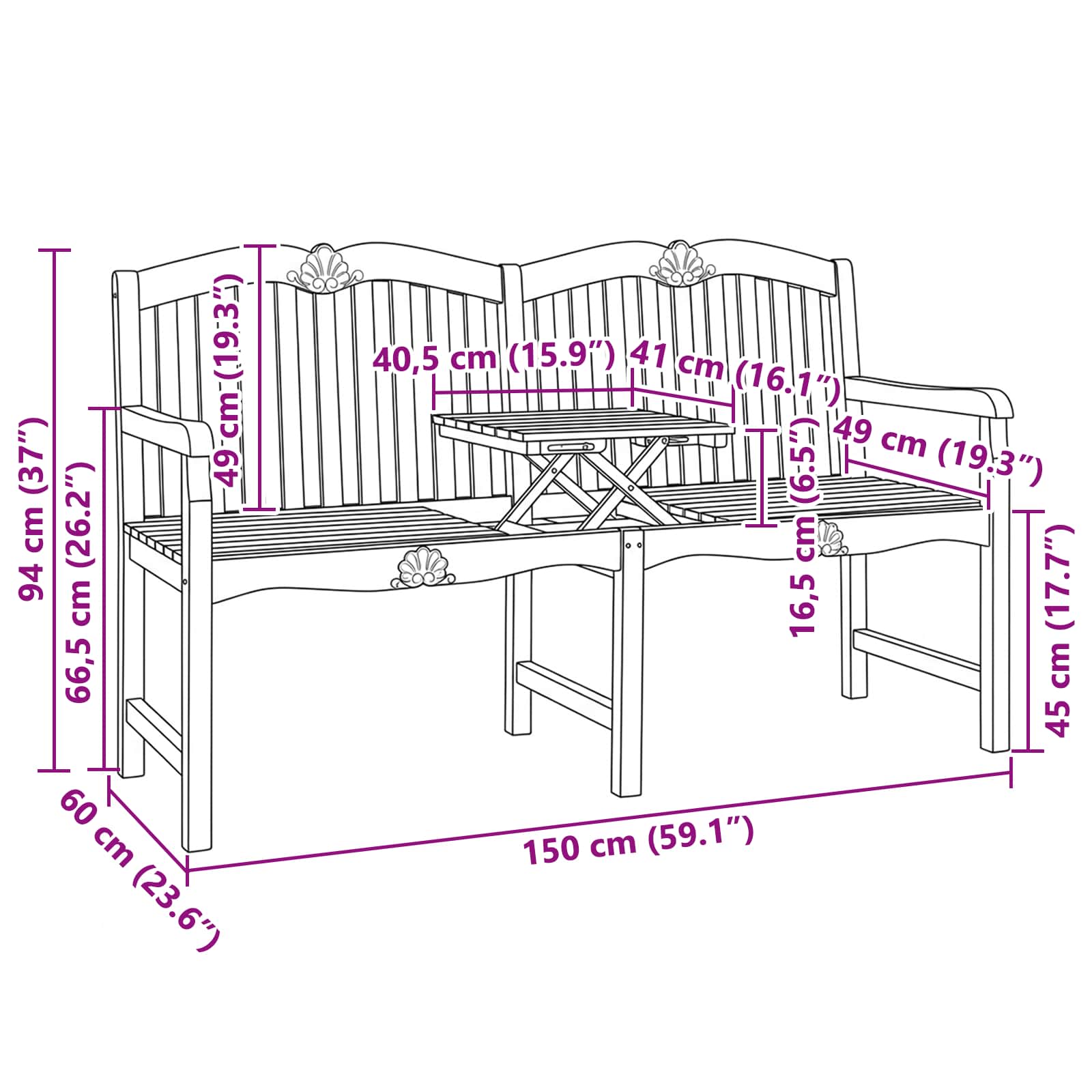 Handgefertigte Rosenbank 155 x 60 x 94 cm Massivholz Teak Natur