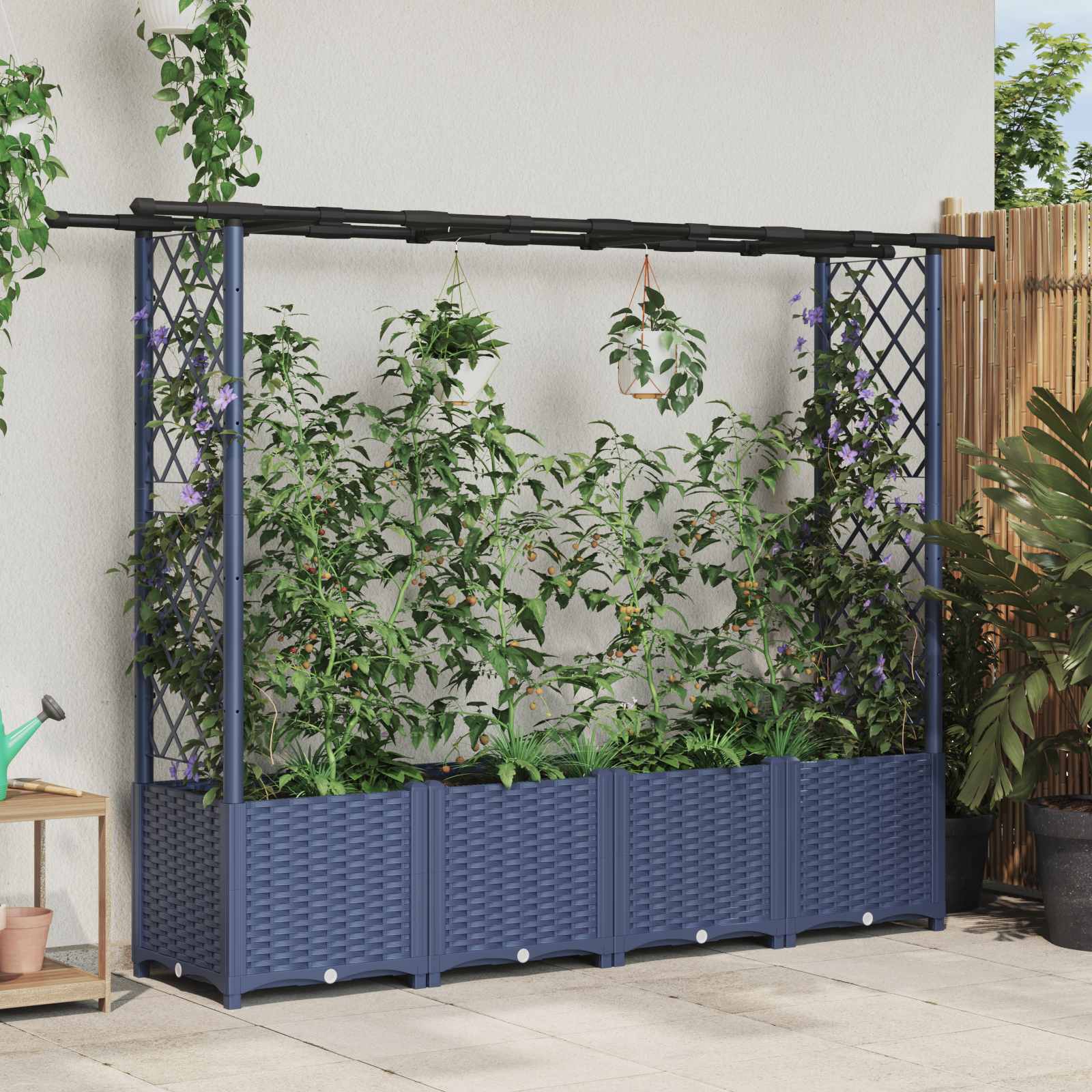 Hochbeet mit Rankgitter und Dach Grau 203 x 40 x 136 cm PP
