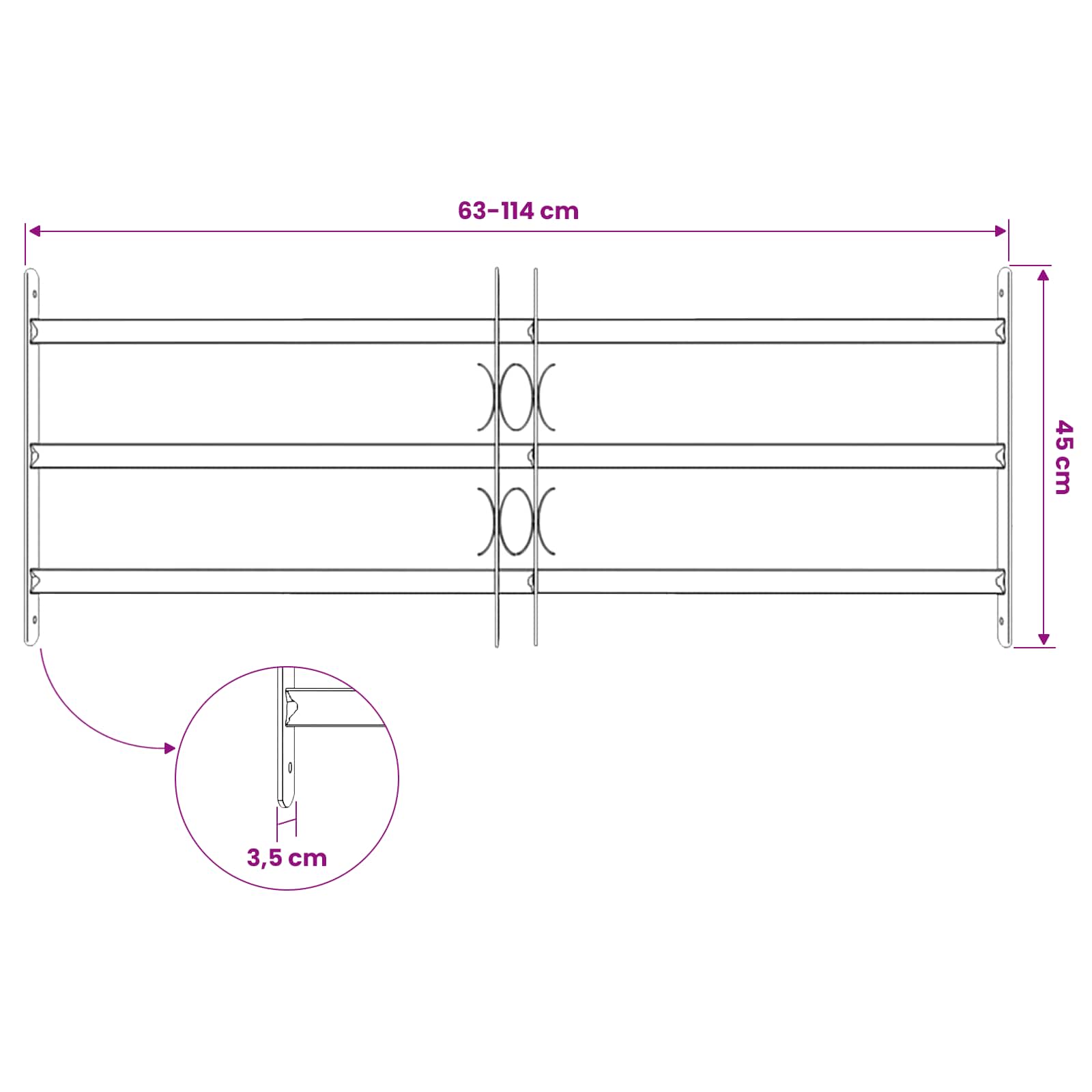 Sicherheitsgitter für Fenster mit 3 Querstangen 63-114 cm
