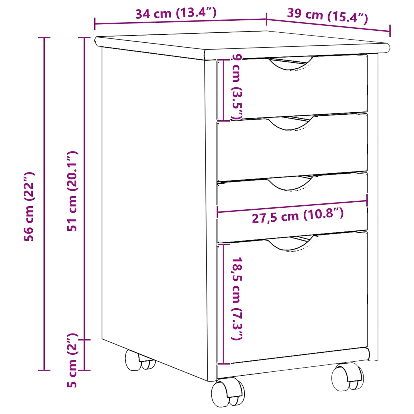 Rollschrank Mit Rad Braun 34 x 39 x 56 cm Massives Kiefernholz