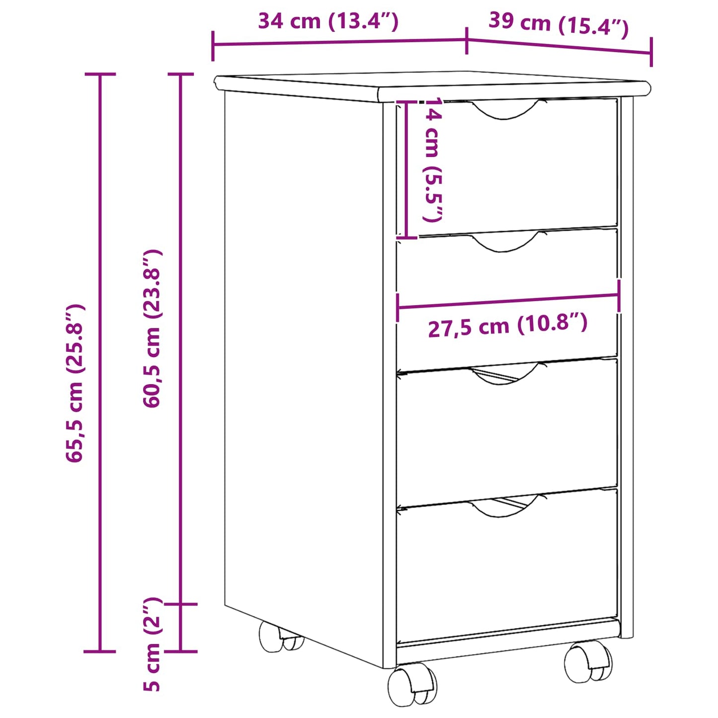 Rollschrank 34 x 39 x 65,5 cm Massivholz Kiefer Braun