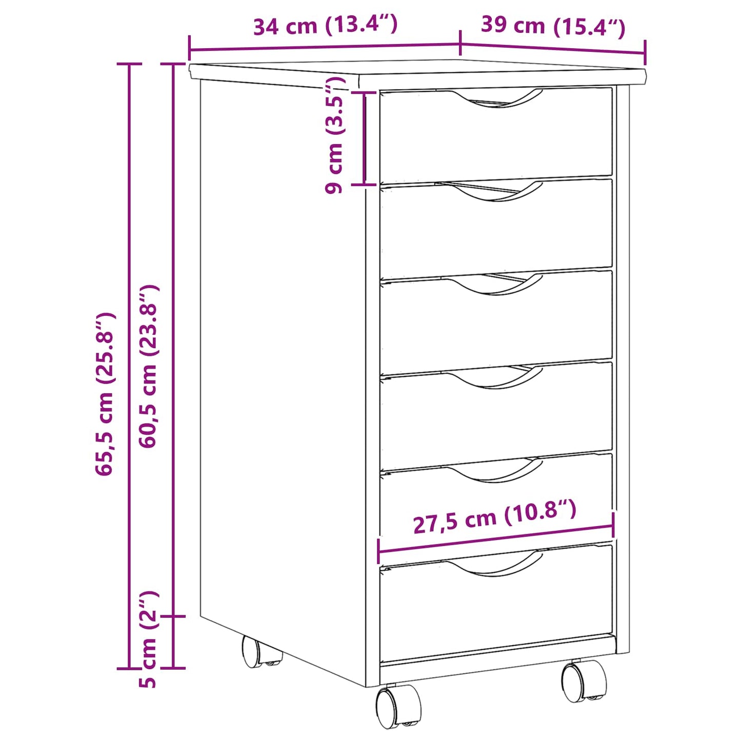 Rollcontainer mit Schubladen MOSS 34 x 39 x 65,5 cm Klarlack