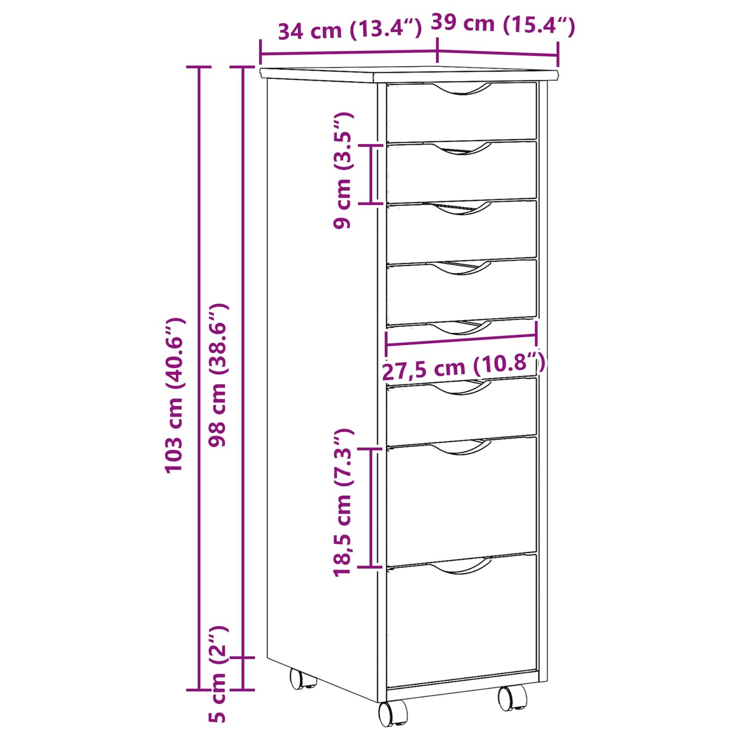 Rollcontainer mit Schubladen MOSS 34 x 39 x 103 cm Klarlack