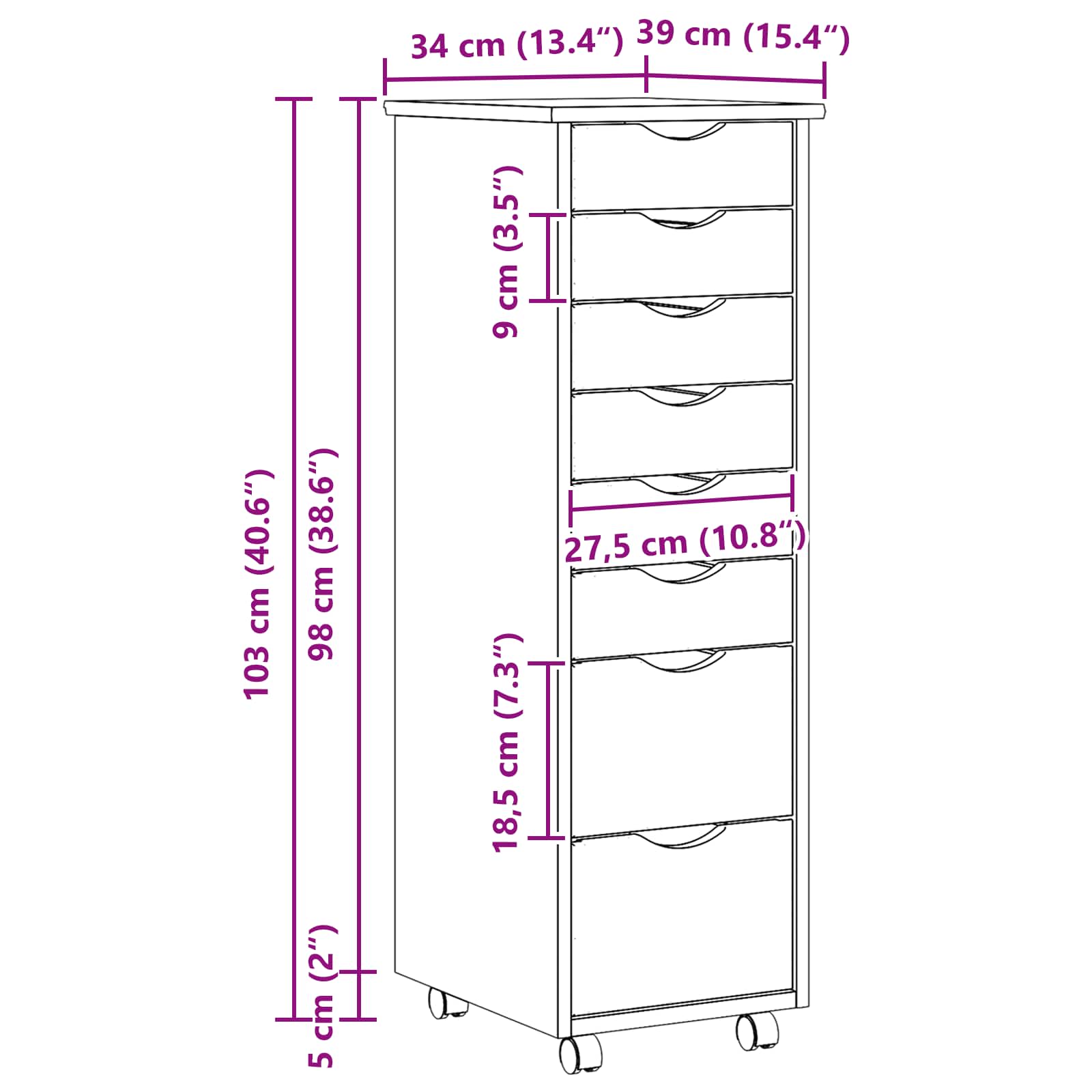 Rollcontainer mit Schubladen MOSS 34 x 39 x 103 cm Klarlack