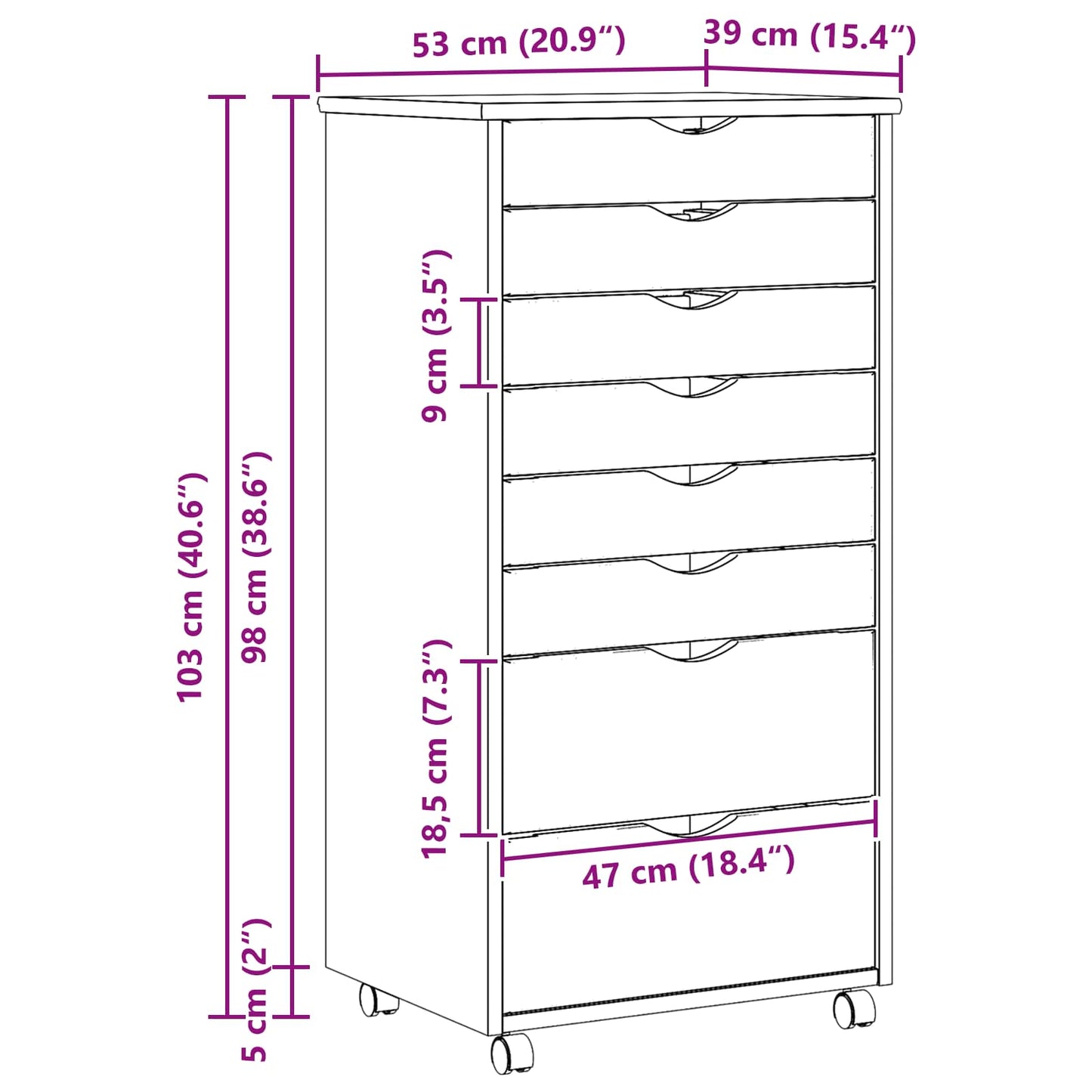 Rollcontainer mit Schubladen MOSS 53 x 39 x 103 cm Klarlack