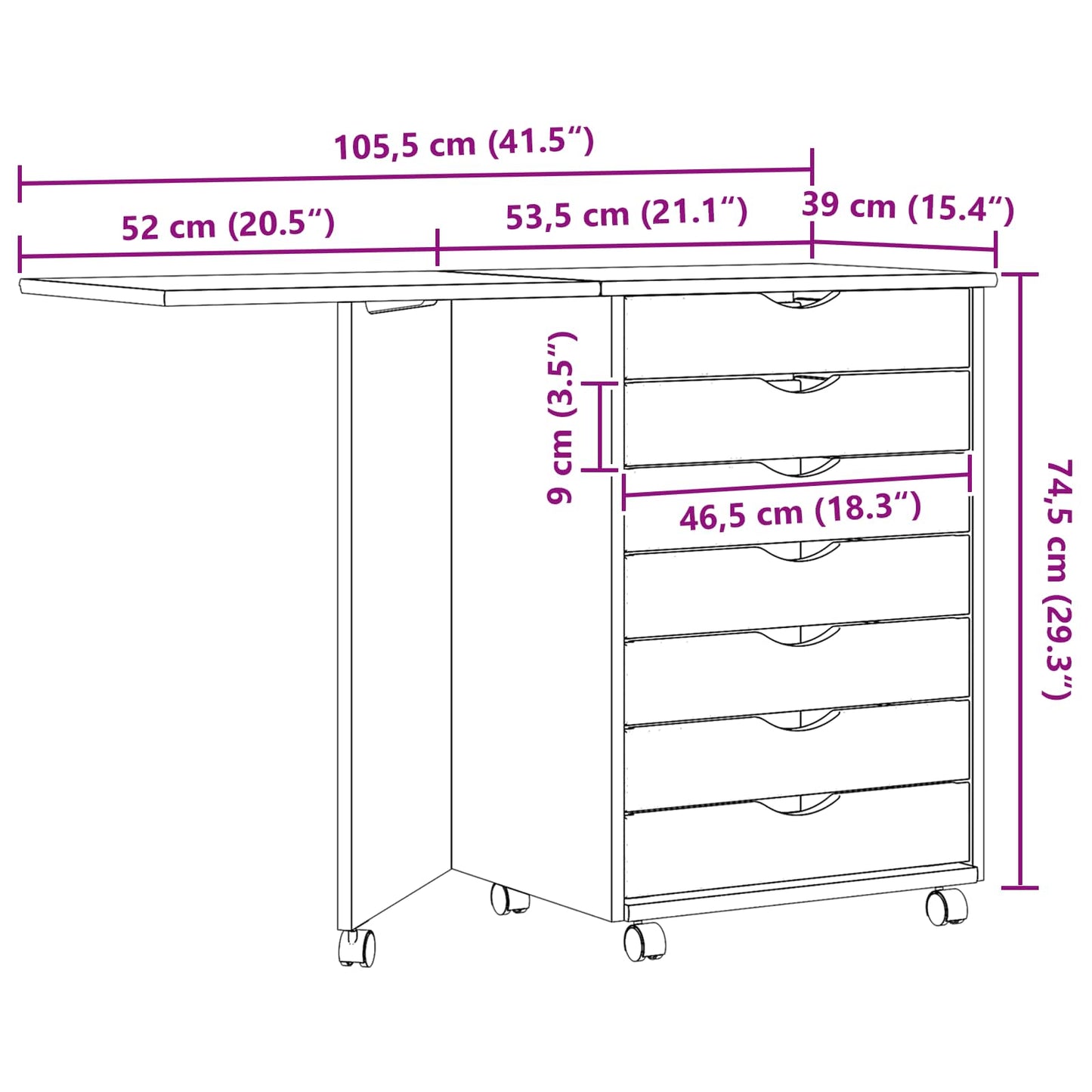 Rollwagen mit Schreibtisch MOSS Klarlack 105,5 x 39 x 74,5 cm