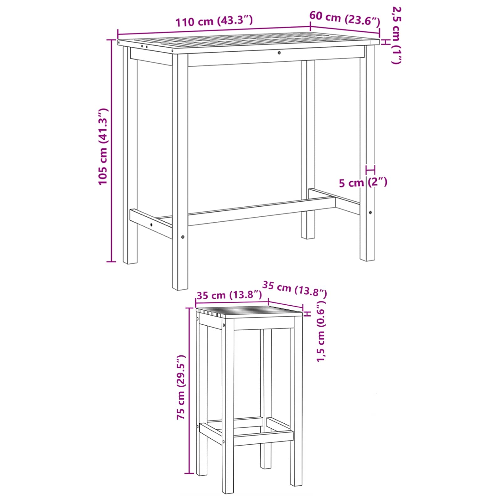 Outdoor Bar Set 5 stk. Unbehandelt Massivholz Teak