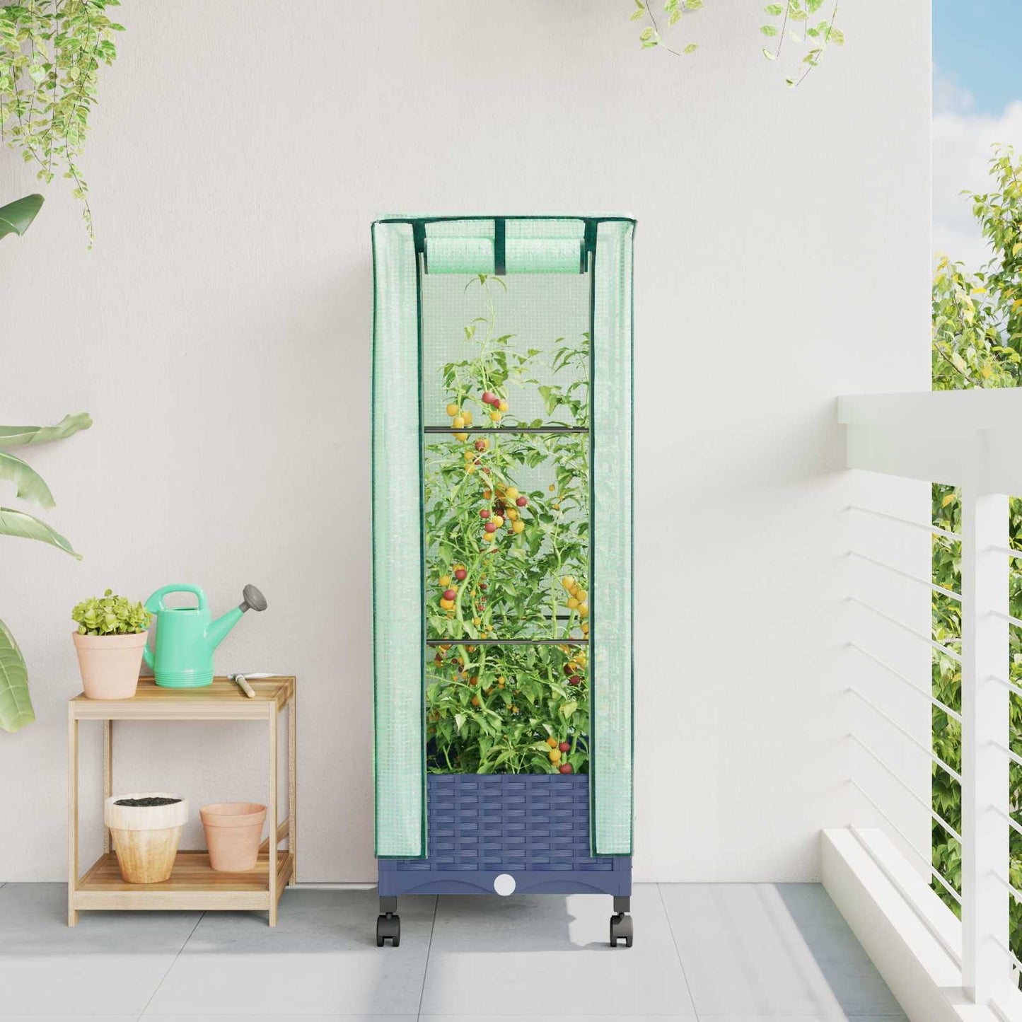 Gartenplanter mit Gewächshausabdeckung und Rädern Blaugrau PP