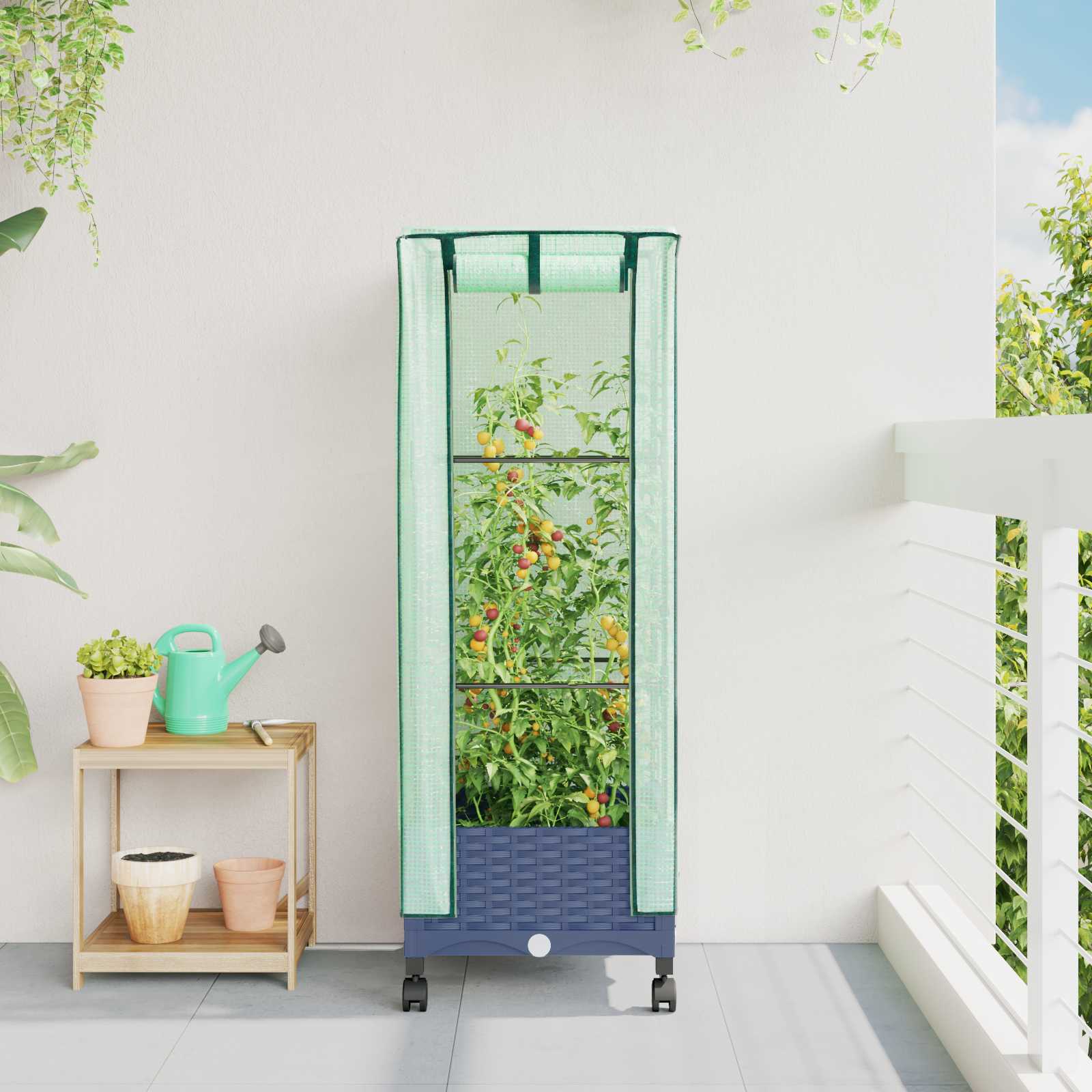 Gartenplanter mit Gewächshausabdeckung und Rädern Blaugrau PP