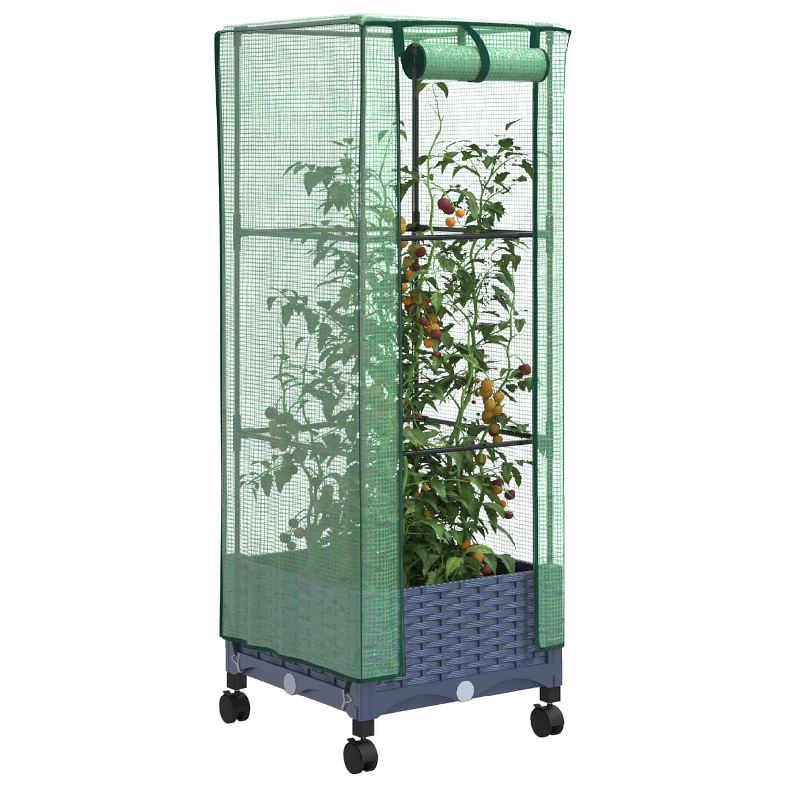 Gartenplanter mit Gewächshausabdeckung und Rädern Blaugrau PP