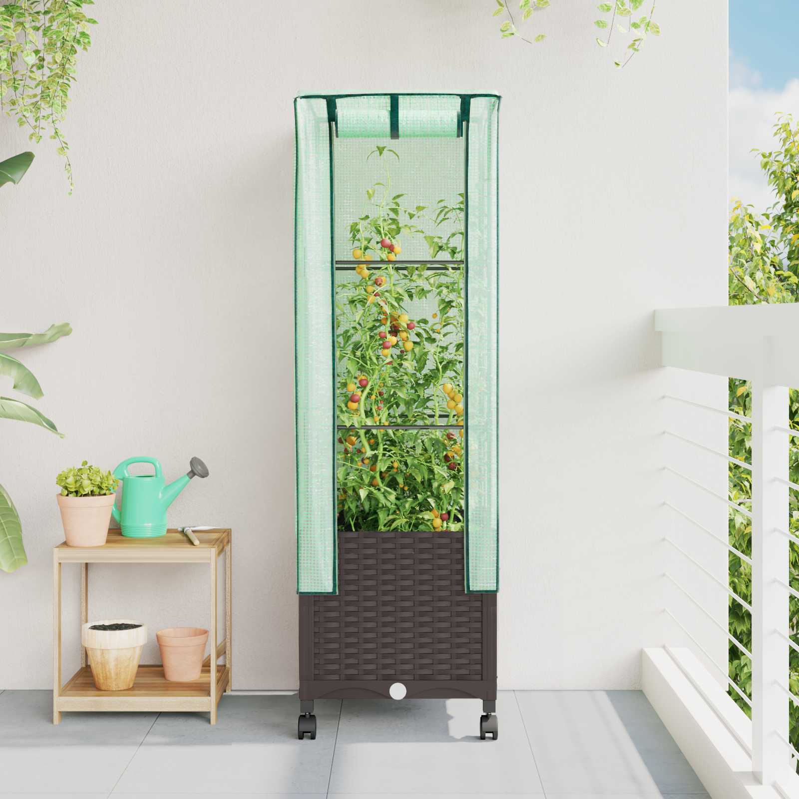 Gartenplanter mit Gewächshausabdeckung und Rädern Braun PP