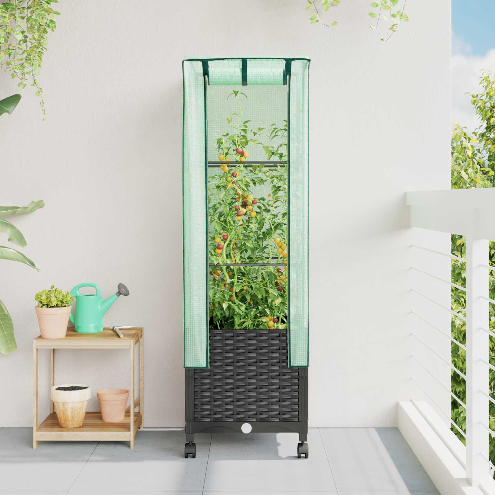 Gartenplanter mit Gewächshausabdeckung und Rädern Schwarz PP
