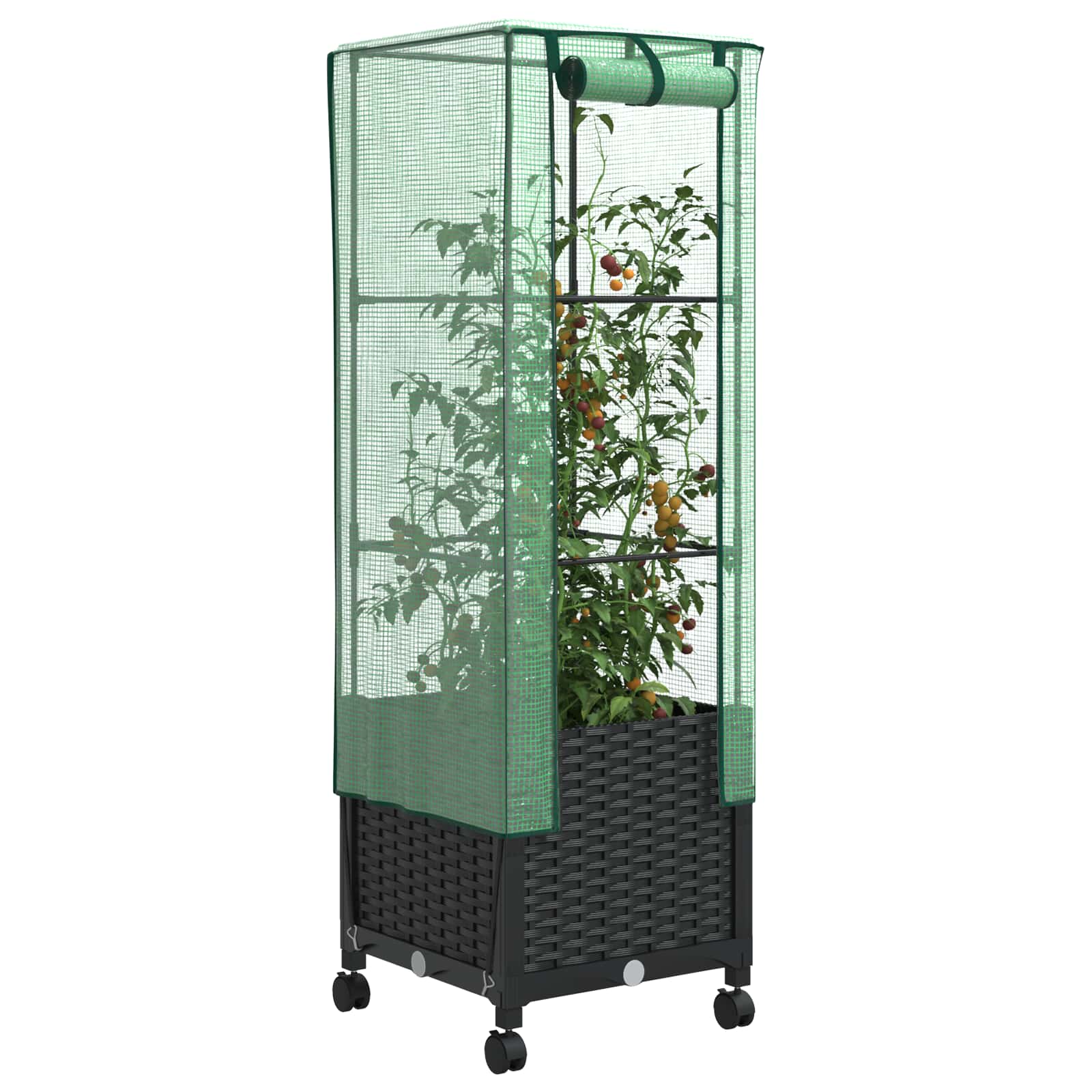 Gartenplanter mit Gewächshausabdeckung und Rädern Schwarz PP