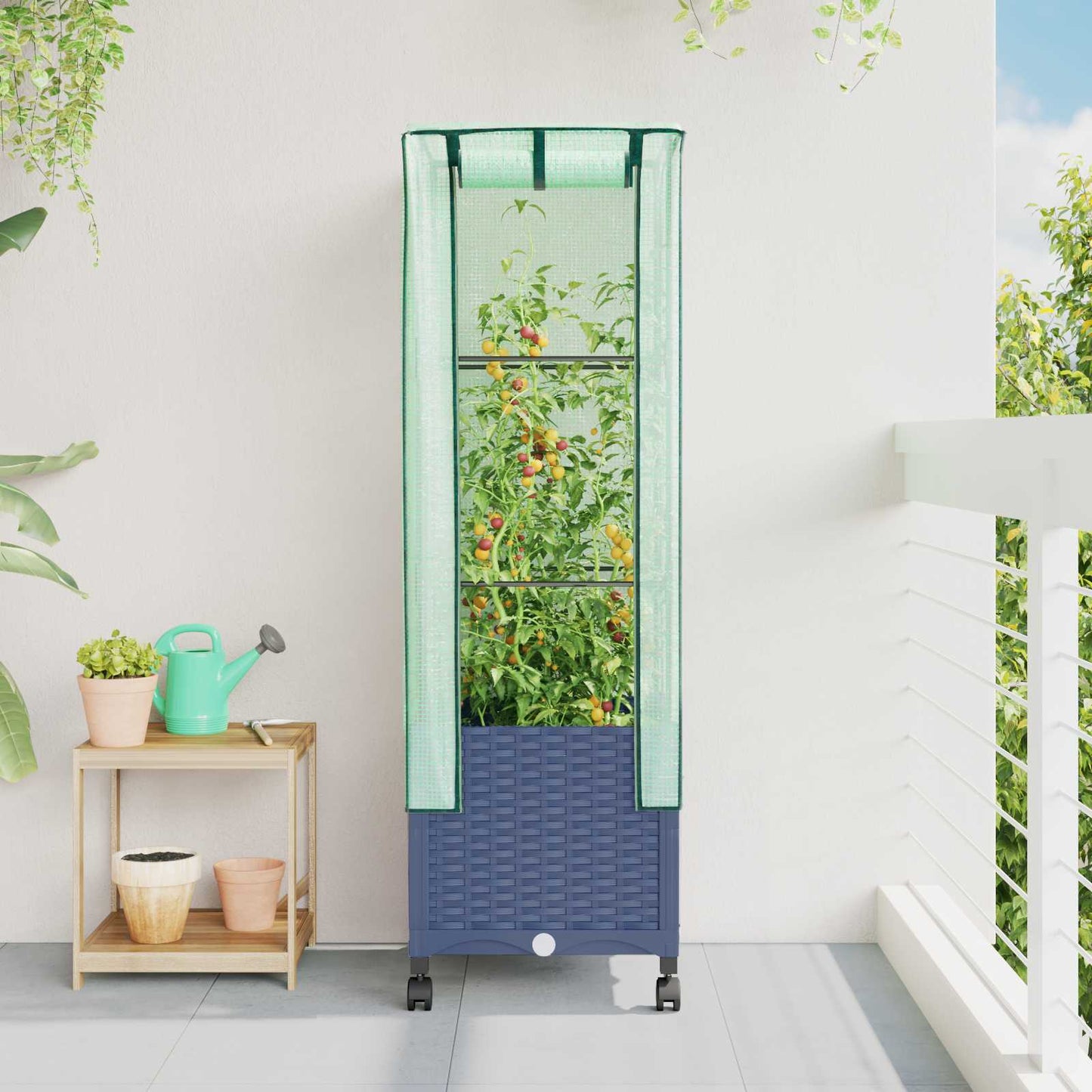 Gartenplanter mit Gewächshausabdeckung und Rädern Blaugrau PP