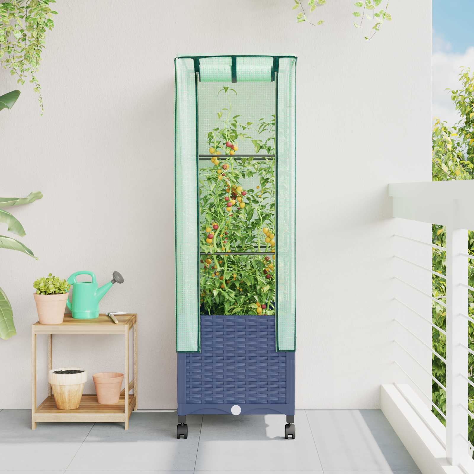 Gartenplanter mit Gewächshausabdeckung und Rädern Blaugrau PP