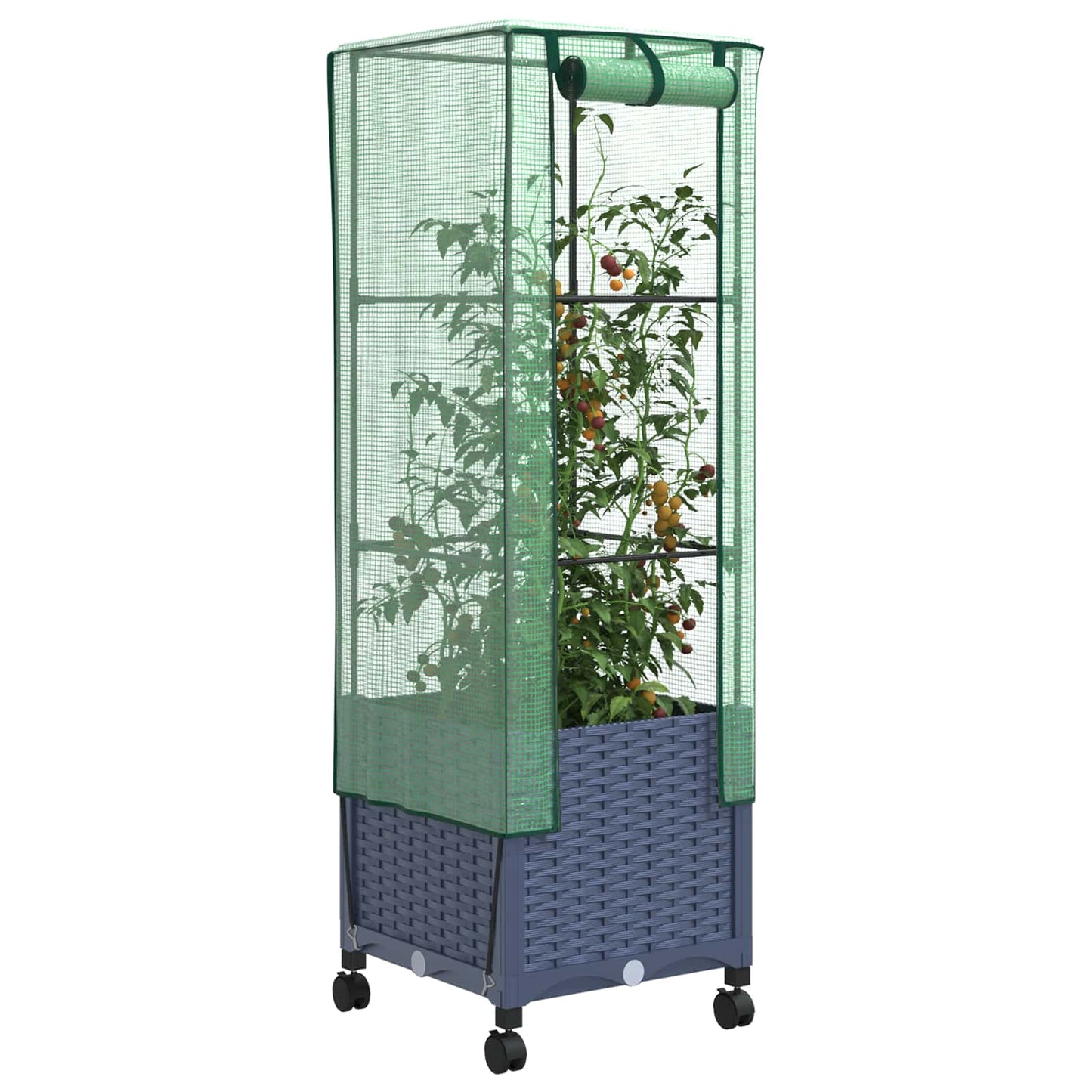Gartenplanter mit Gewächshausabdeckung und Rädern Blaugrau PP