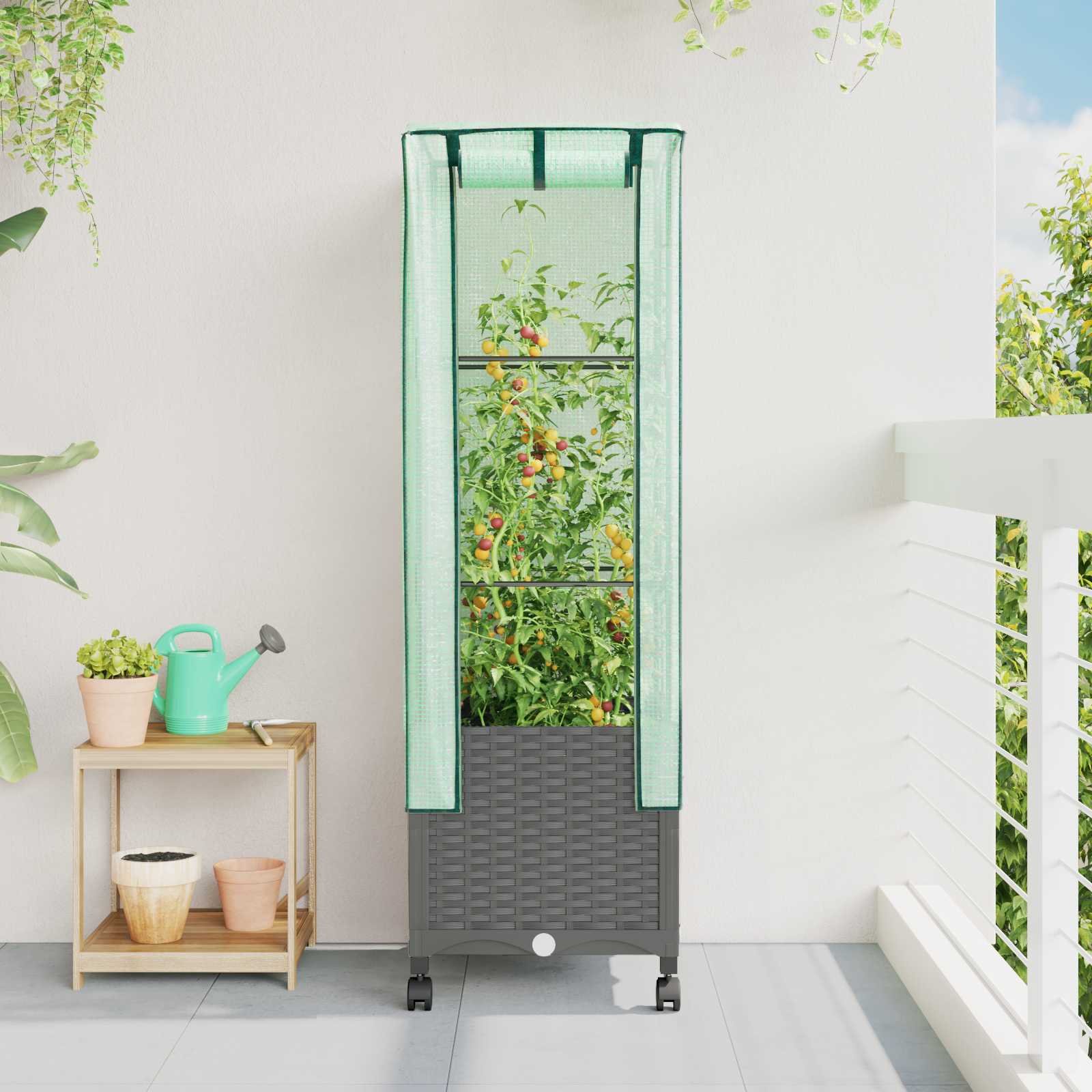 Gartenplanter mit Gewächshausabdeckung und Rädern Hellgrau PP