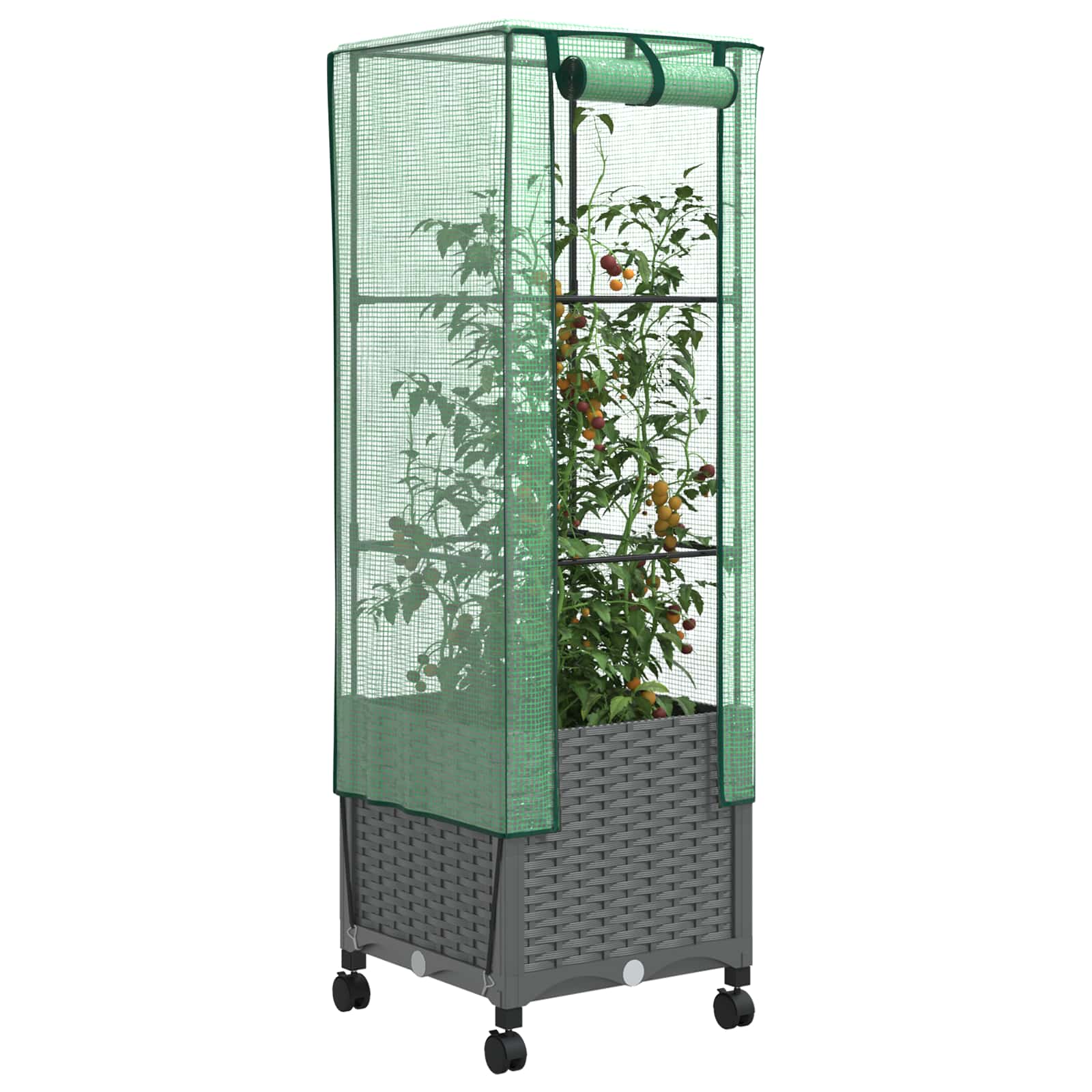 Gartenplanter mit Gewächshausabdeckung und Rädern Hellgrau PP