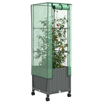 Gartenplanter mit Gewächshausabdeckung und Rädern Hellgrau PP