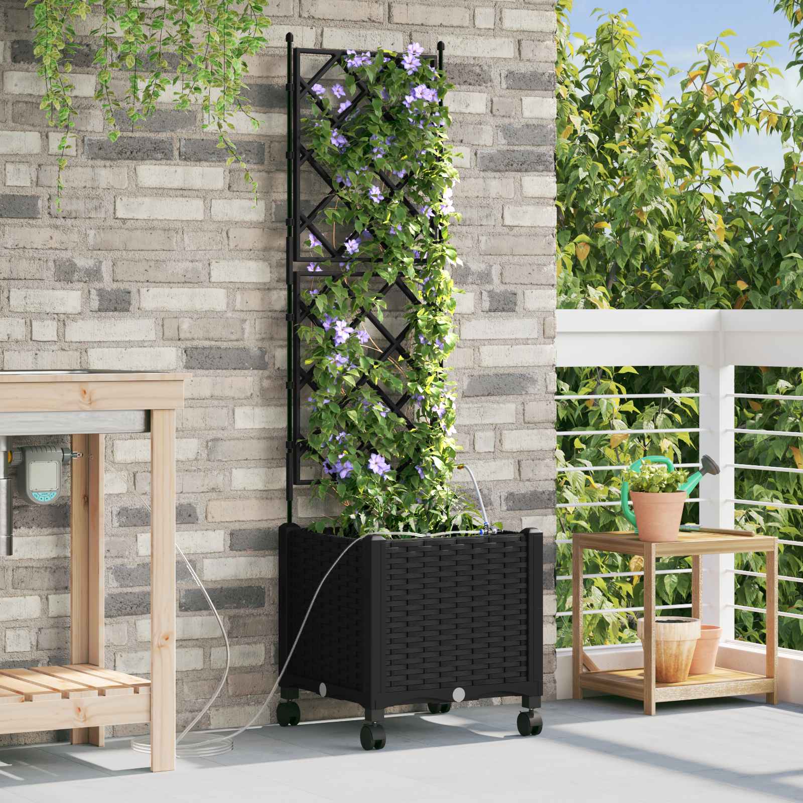 Garten Blumenkübel mit Bewässerung und Rädern Schwarz PP