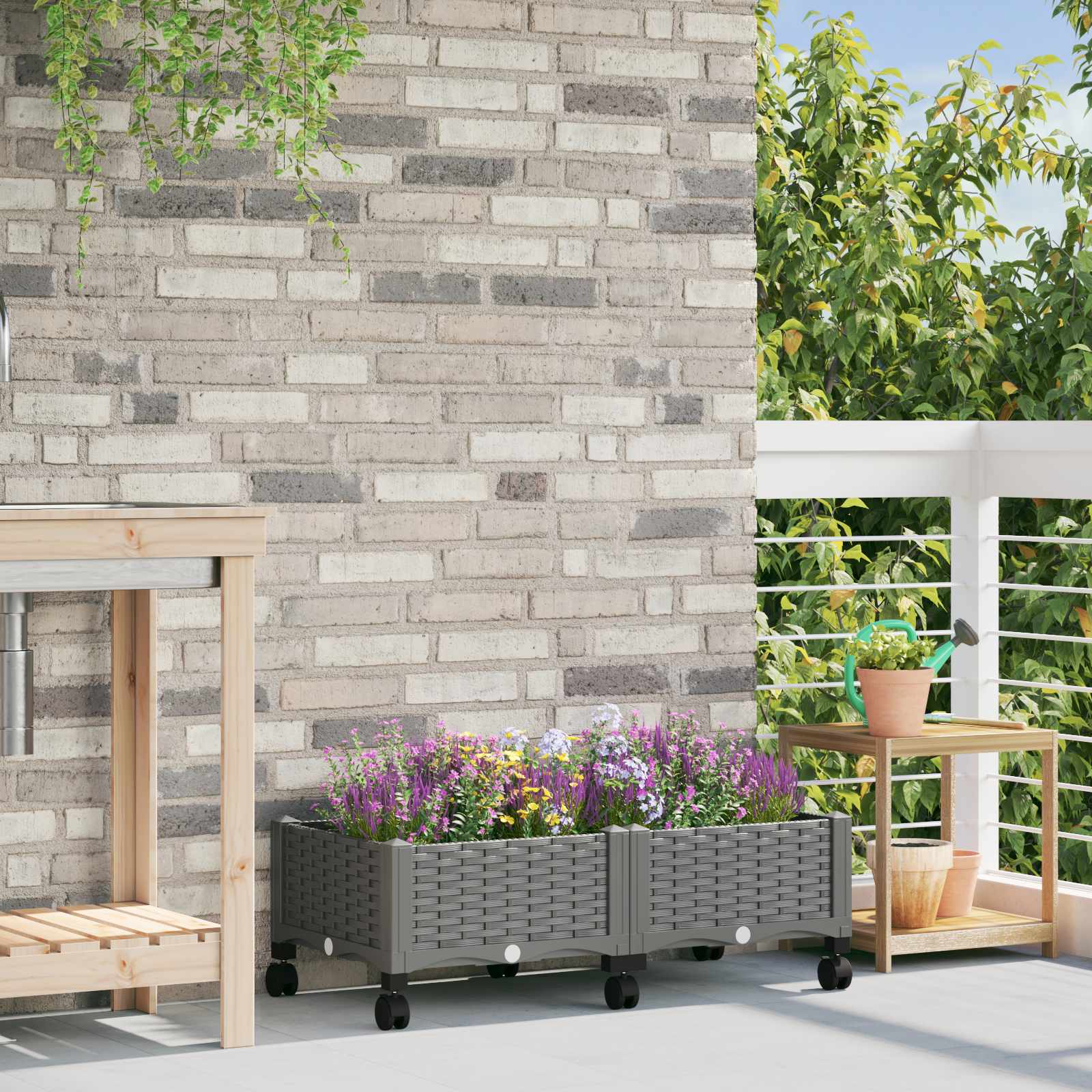 Gartenpflanzer mit Rädern Hellgrau 80 x 40 x 33 cm PP