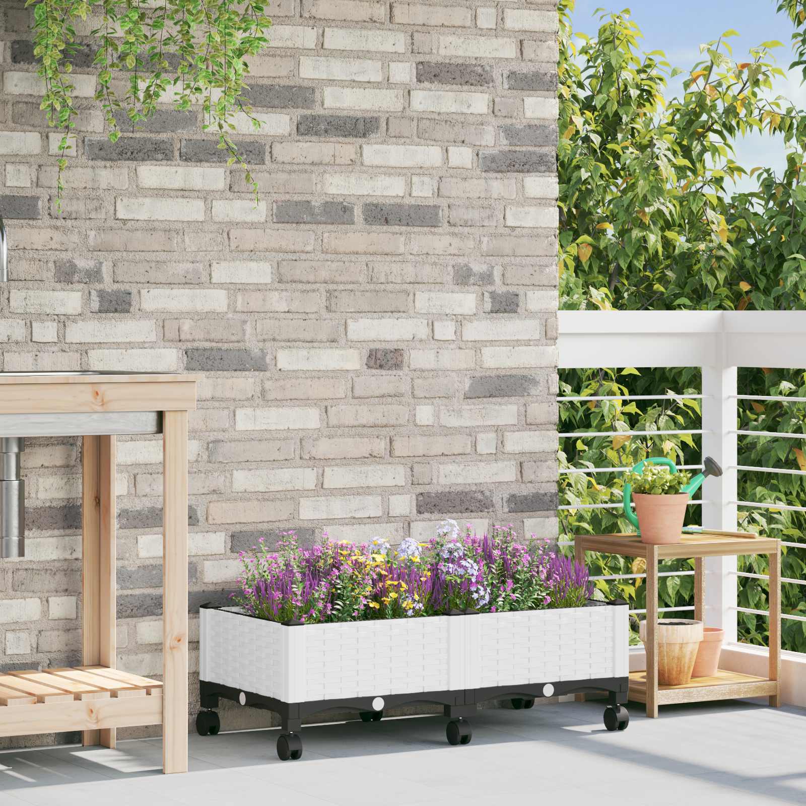 Gartenpflanzer mit Rädern Weiß 80 x 40 x 33 cm PP